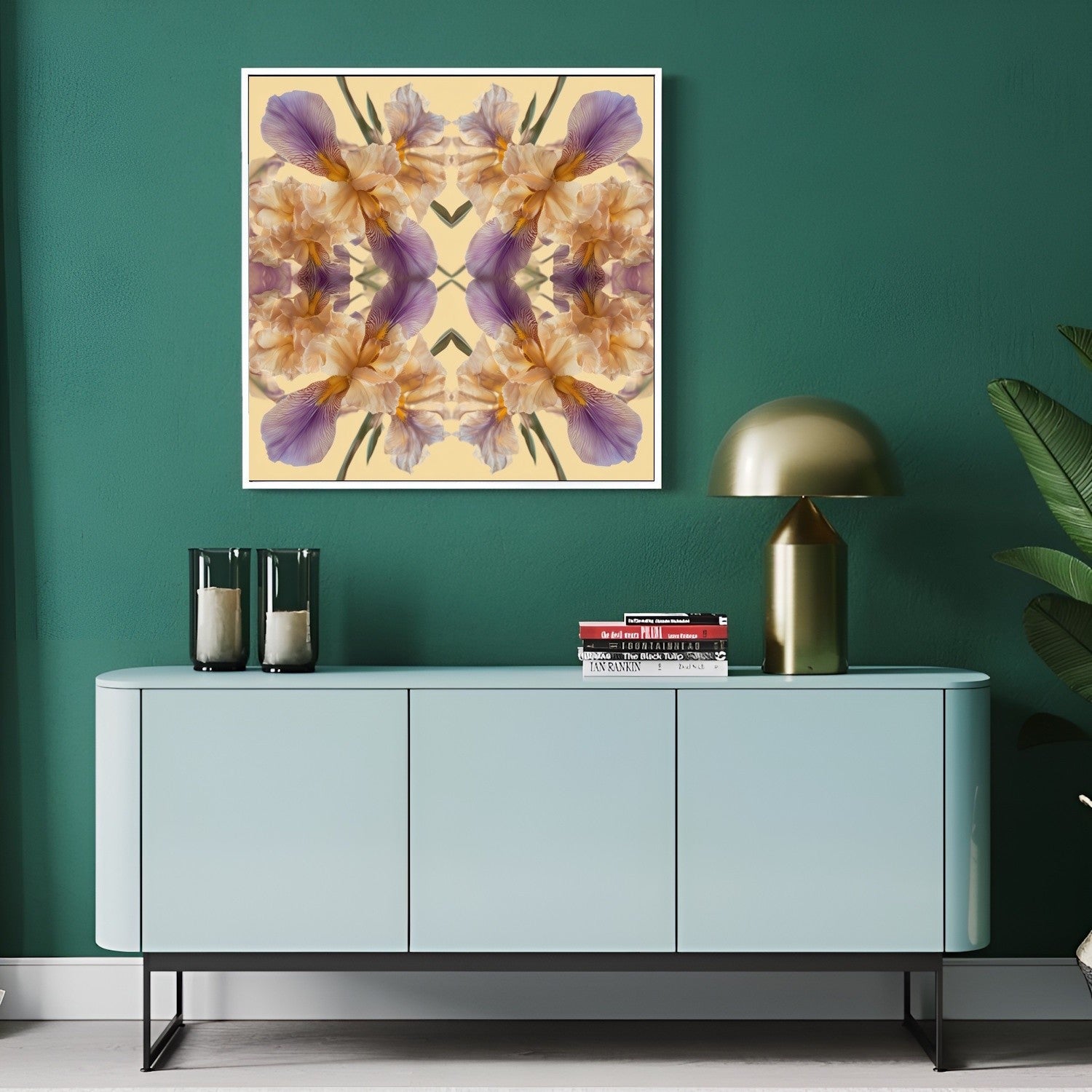 Mirrored Floral Cloud art print – golden and violet irises in kaleidoscopic symmetry, serene wall art in modern living
