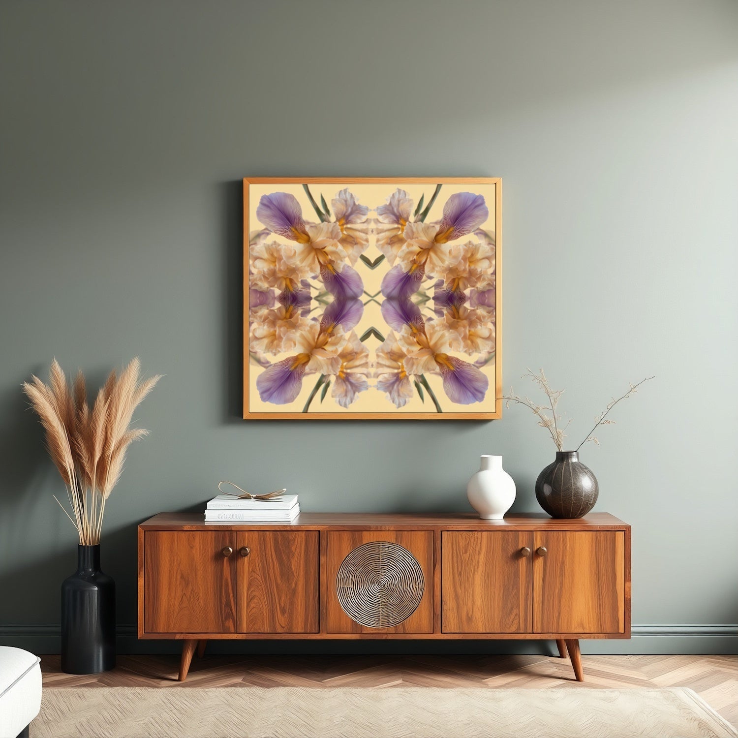 Mirrored Floral Cloud art print – golden and violet irises in kaleidoscopic symmetry, serene wall art  in living room