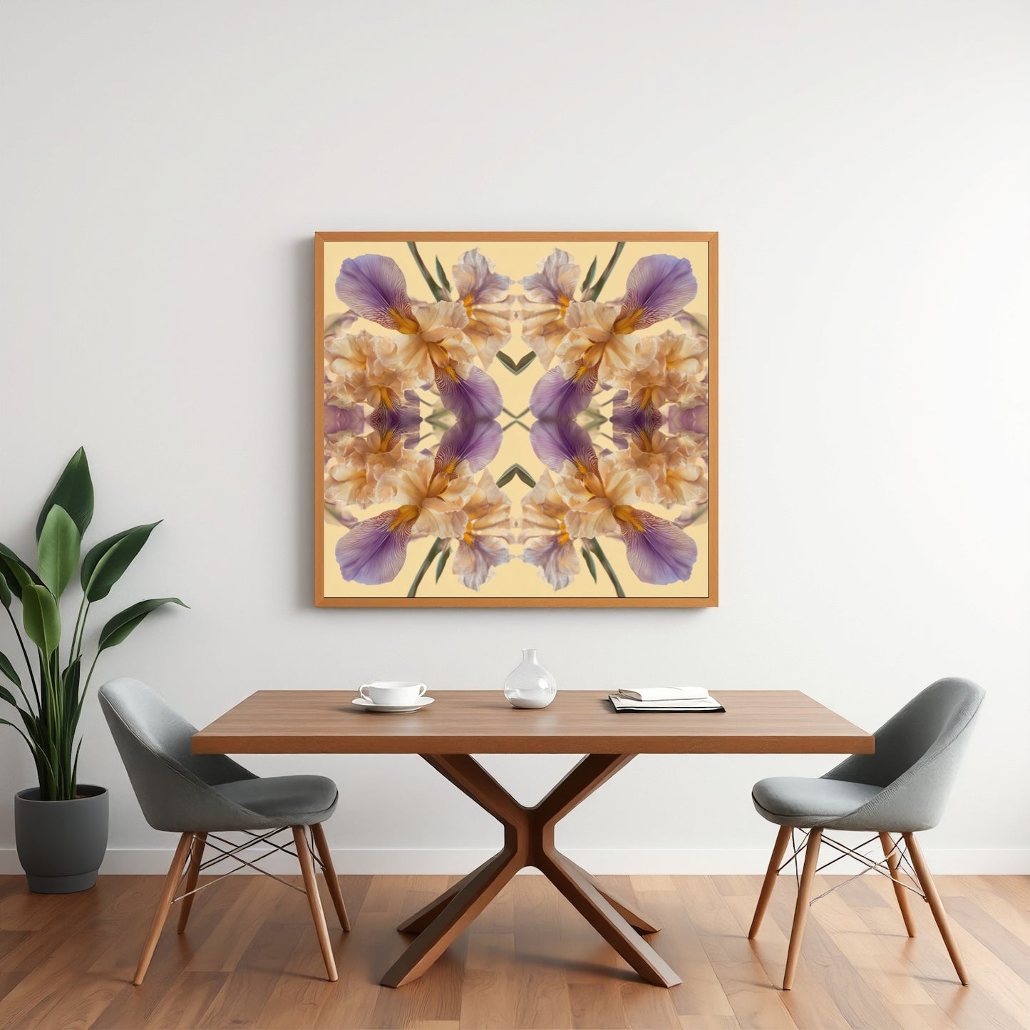 Mirrored Floral Cloud art print – golden and violet irises in kaleidoscopic symmetry, serene wall art  in minimalist dining