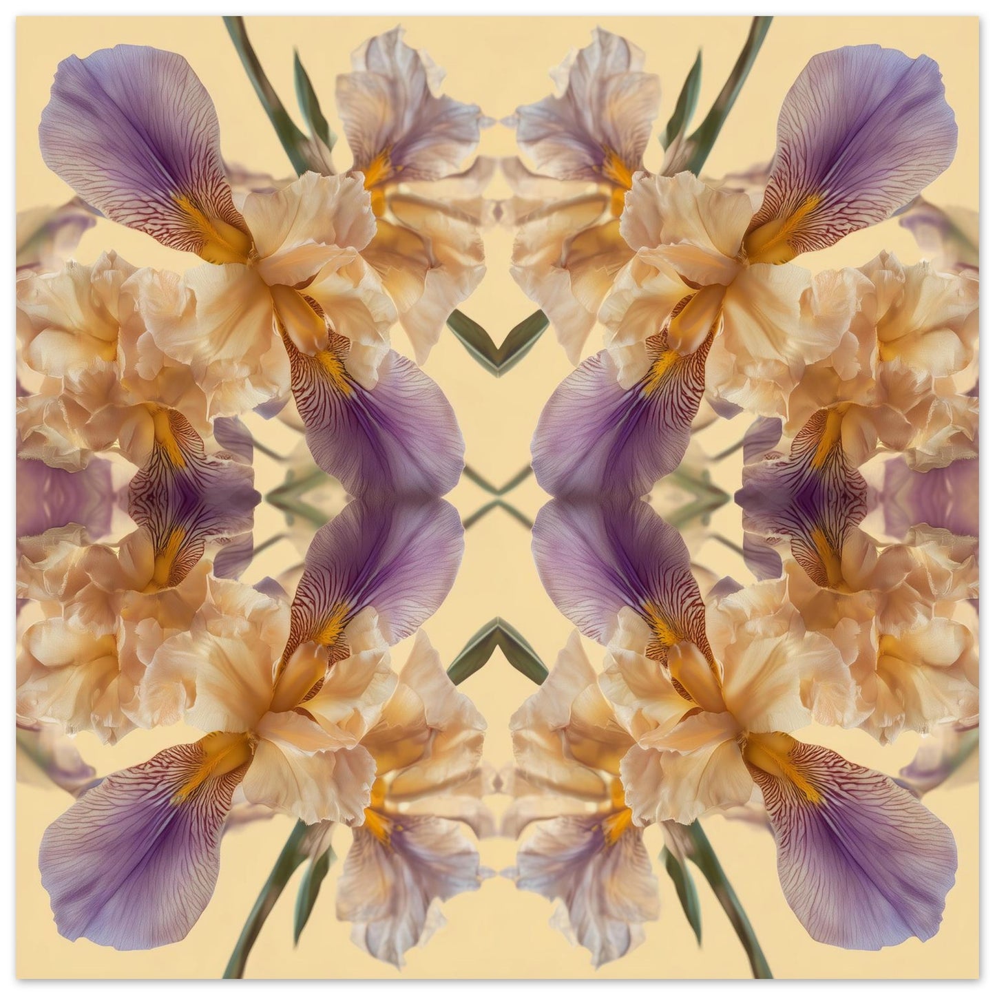 Mirrored Floral Cloud art print – golden and violet irises in kaleidoscopic symmetry, serene wall art close up