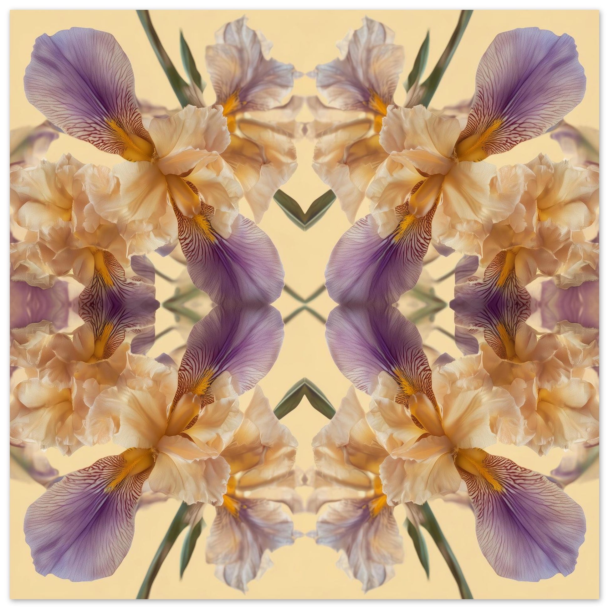 Mirrored Floral Cloud art print – golden and violet irises in kaleidoscopic symmetry, serene wall art close up