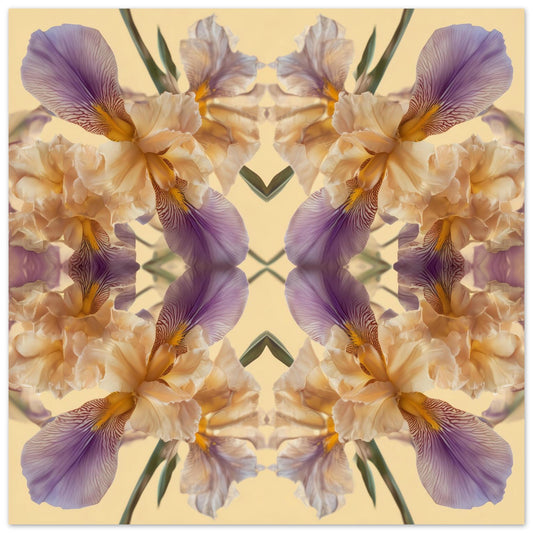 Mirrored Floral Cloud art print – golden and violet irises in kaleidoscopic symmetry, serene wall art close up