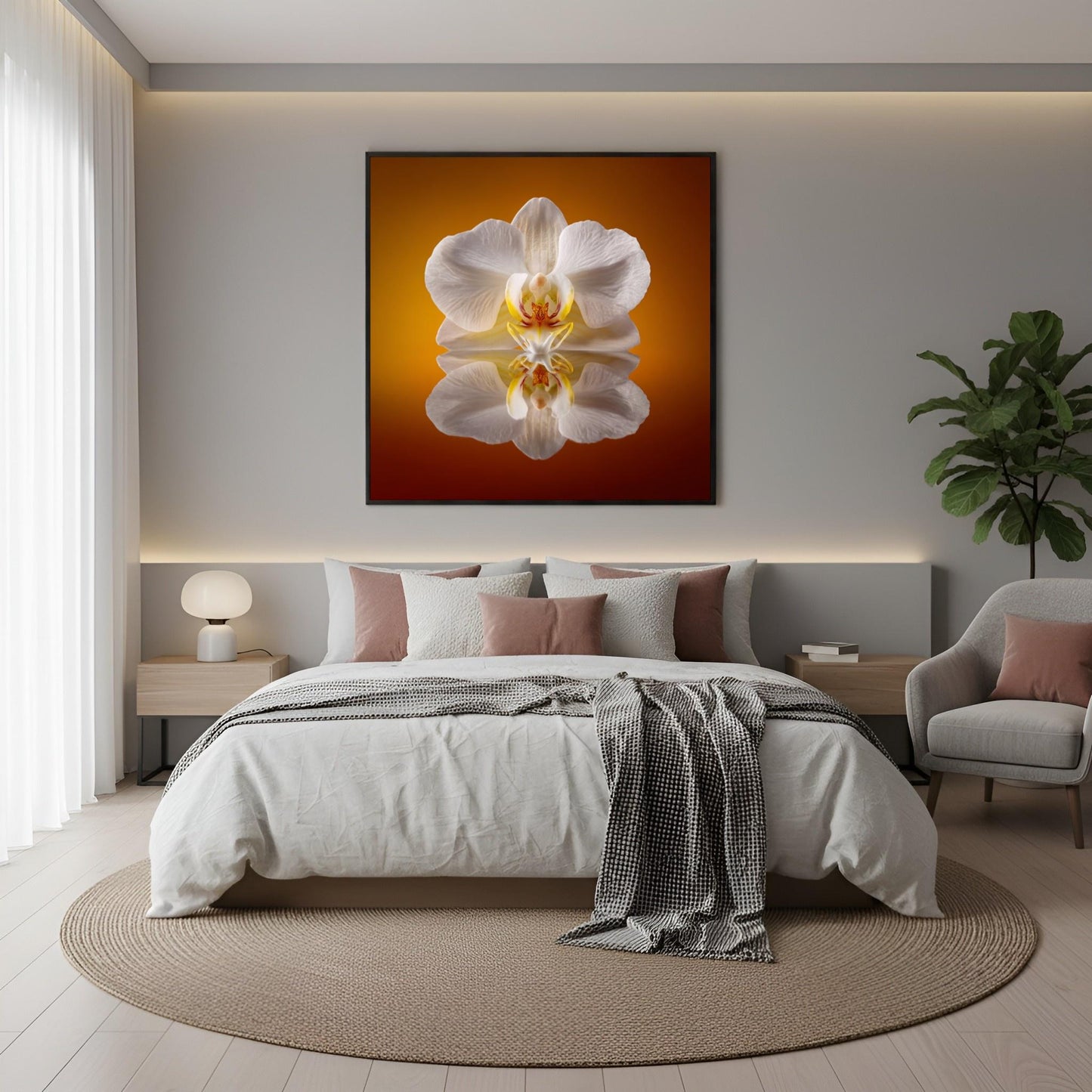 Elegant Orchid Bloom print – minimalist white orchid in balance, chic botanical artwork wall decor in boho bedroom
