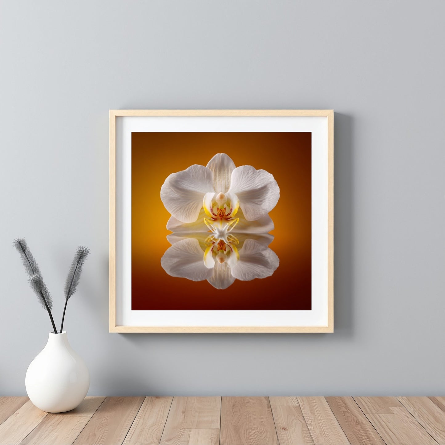 Elegant Orchid Bloom print – minimalist white orchid in balance, chic botanical artwork wall decor framed white