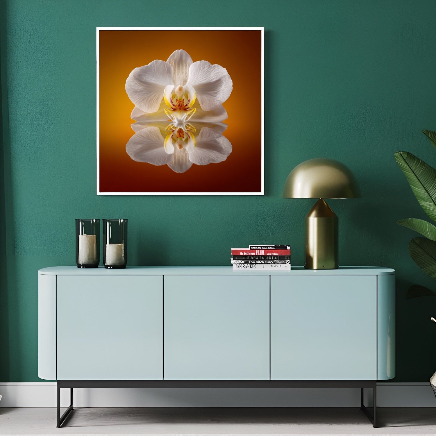 Elegant Orchid Bloom print – minimalist white orchid in balance, chic botanical artwork wall decor in modern hallway