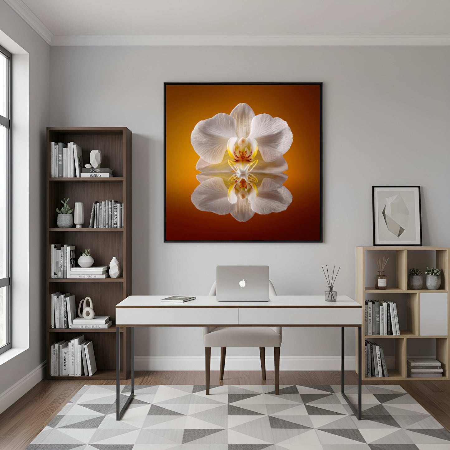 Elegant Orchid Bloom print – minimalist white orchid in balance, chic botanical artwork wall decor in home office