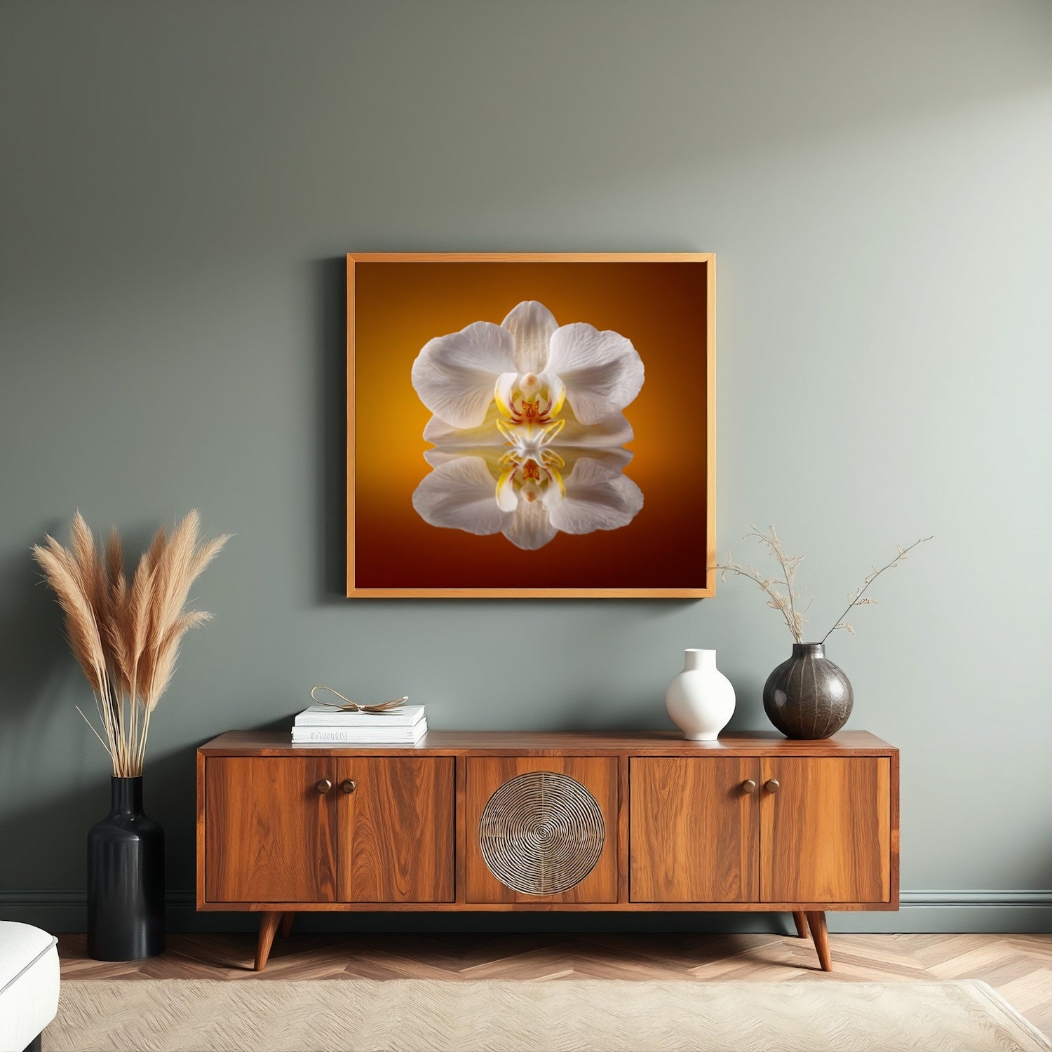 Elegant Orchid Bloom print – minimalist white orchid in balance, chic botanical artwork wall decor in living room