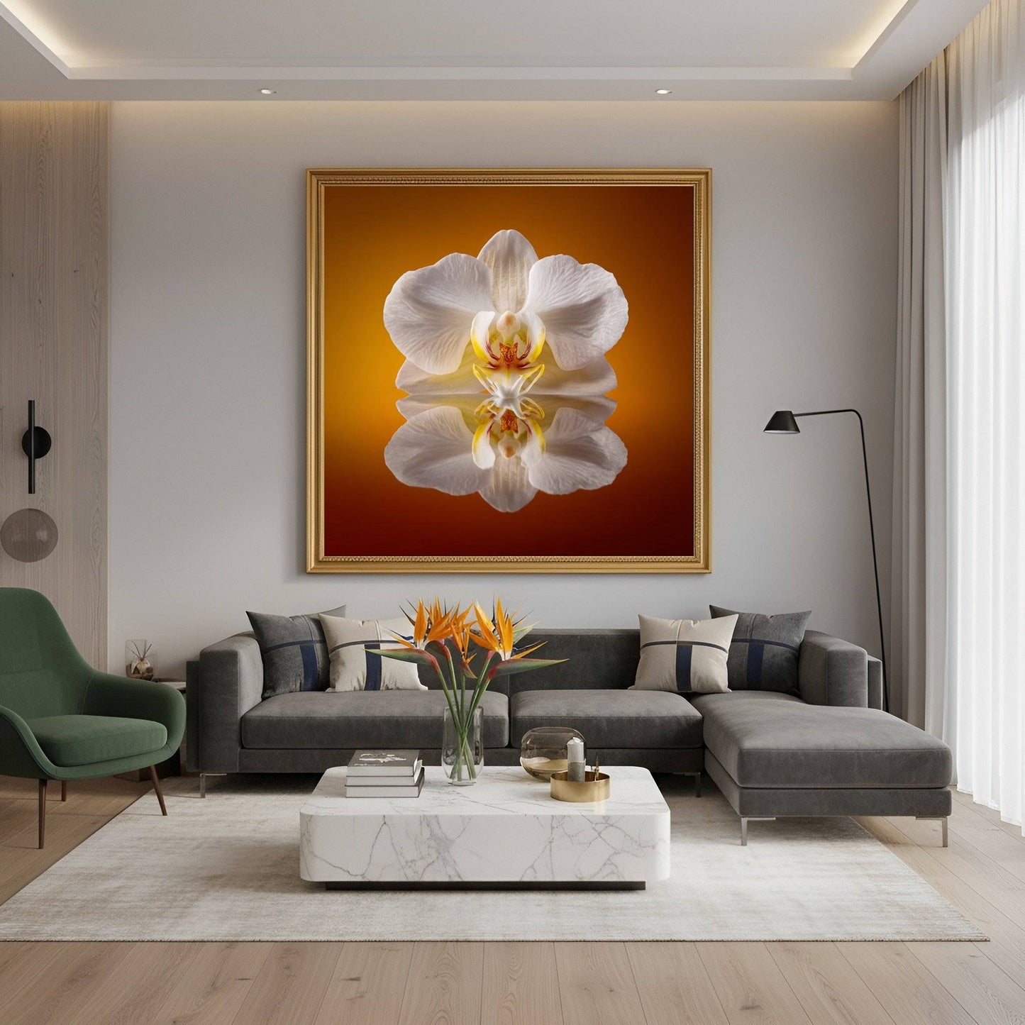 Elegant Orchid Bloom print – minimalist white orchid in balance, chic botanical artwork wall decor in modern living