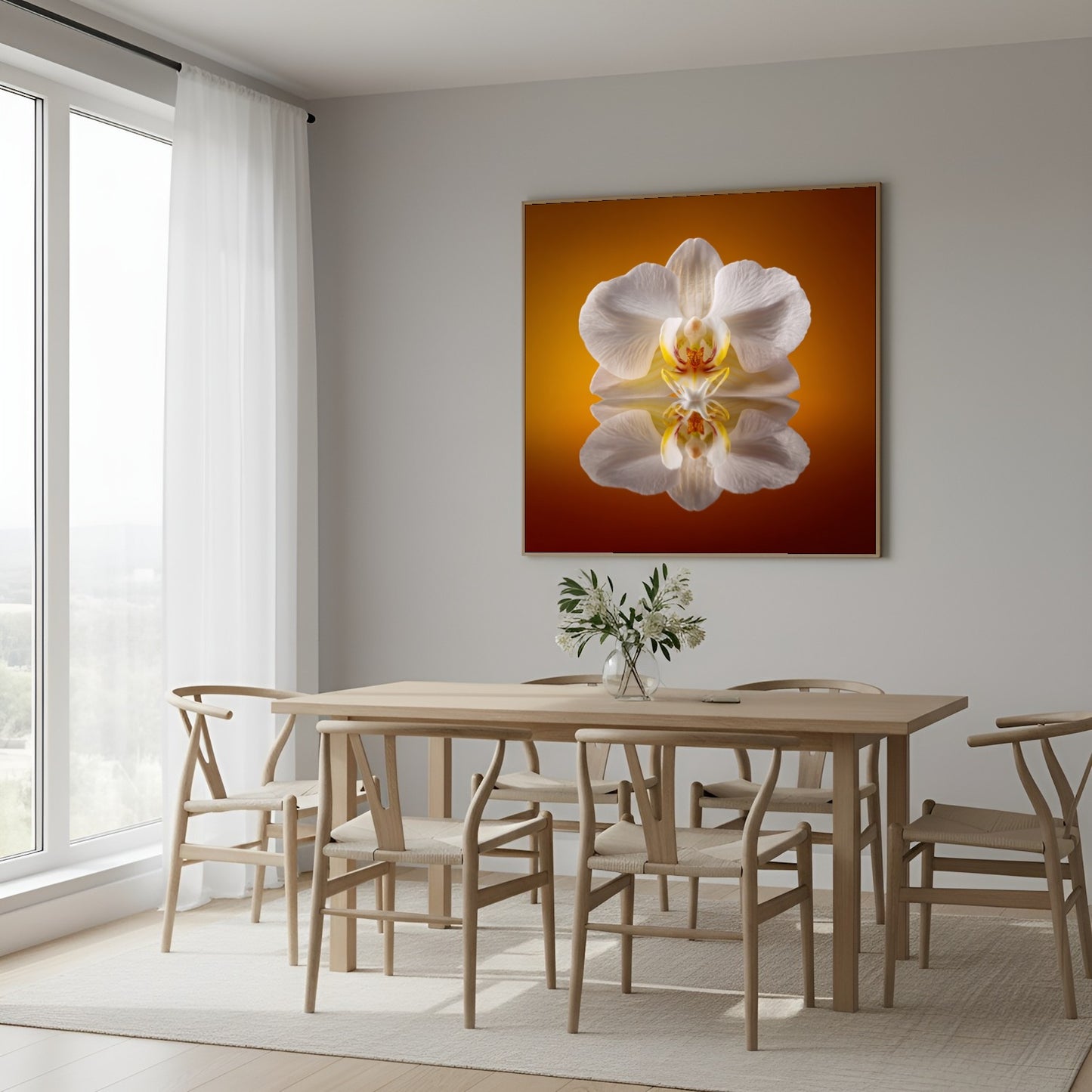 Elegant Orchid Bloom print – minimalist white orchid in balance, chic botanical artwork wall decor in Scandinavian dining