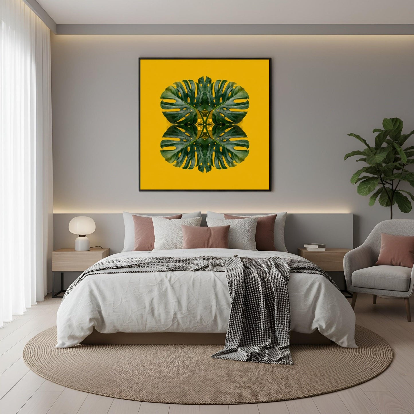 Monstera Jungle art print –yellow backdrop with green mirrored leaves, energizing tropical decor artwork in boho bedroom
