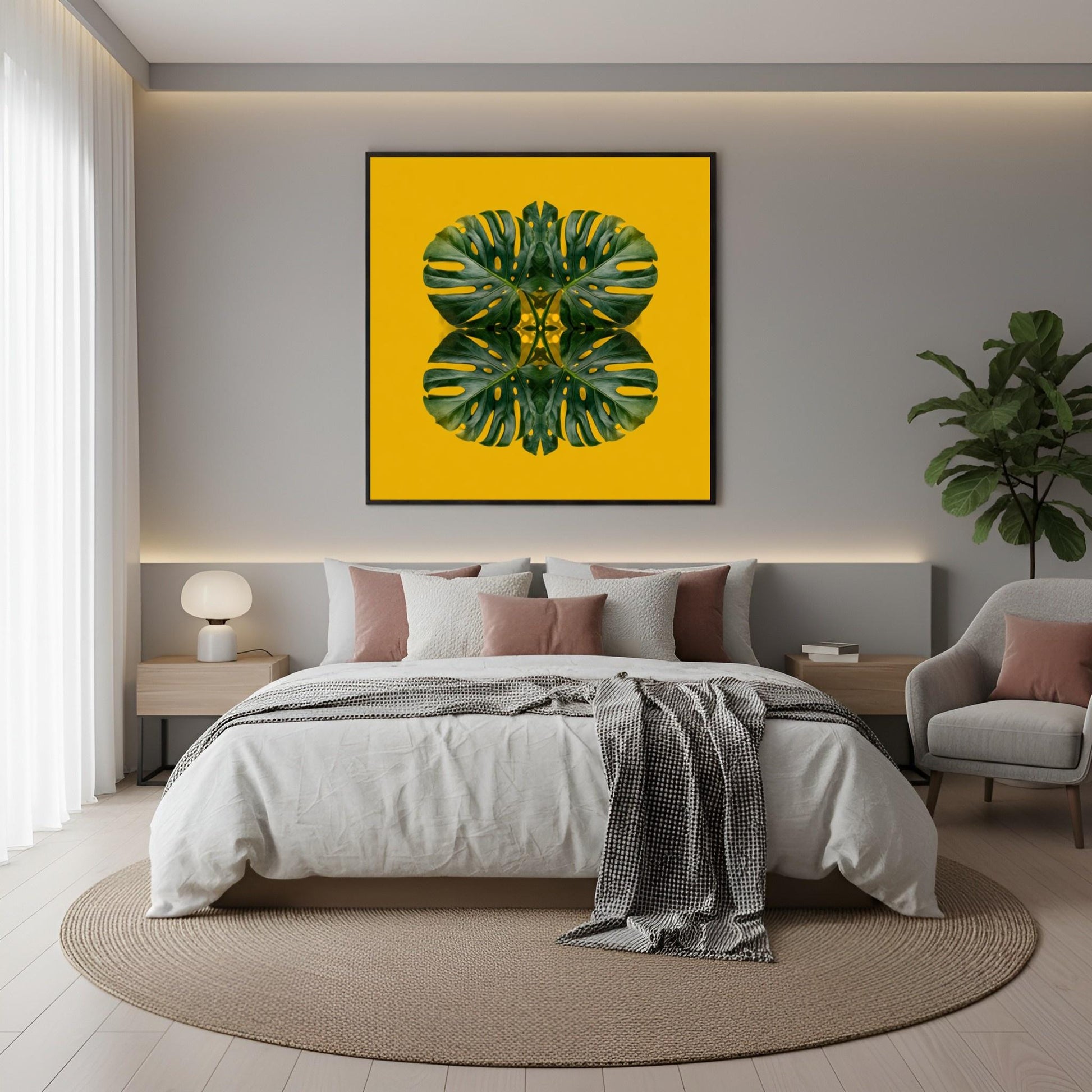 Monstera Jungle art print –yellow backdrop with green mirrored leaves, energizing tropical decor artwork in boho bedroom