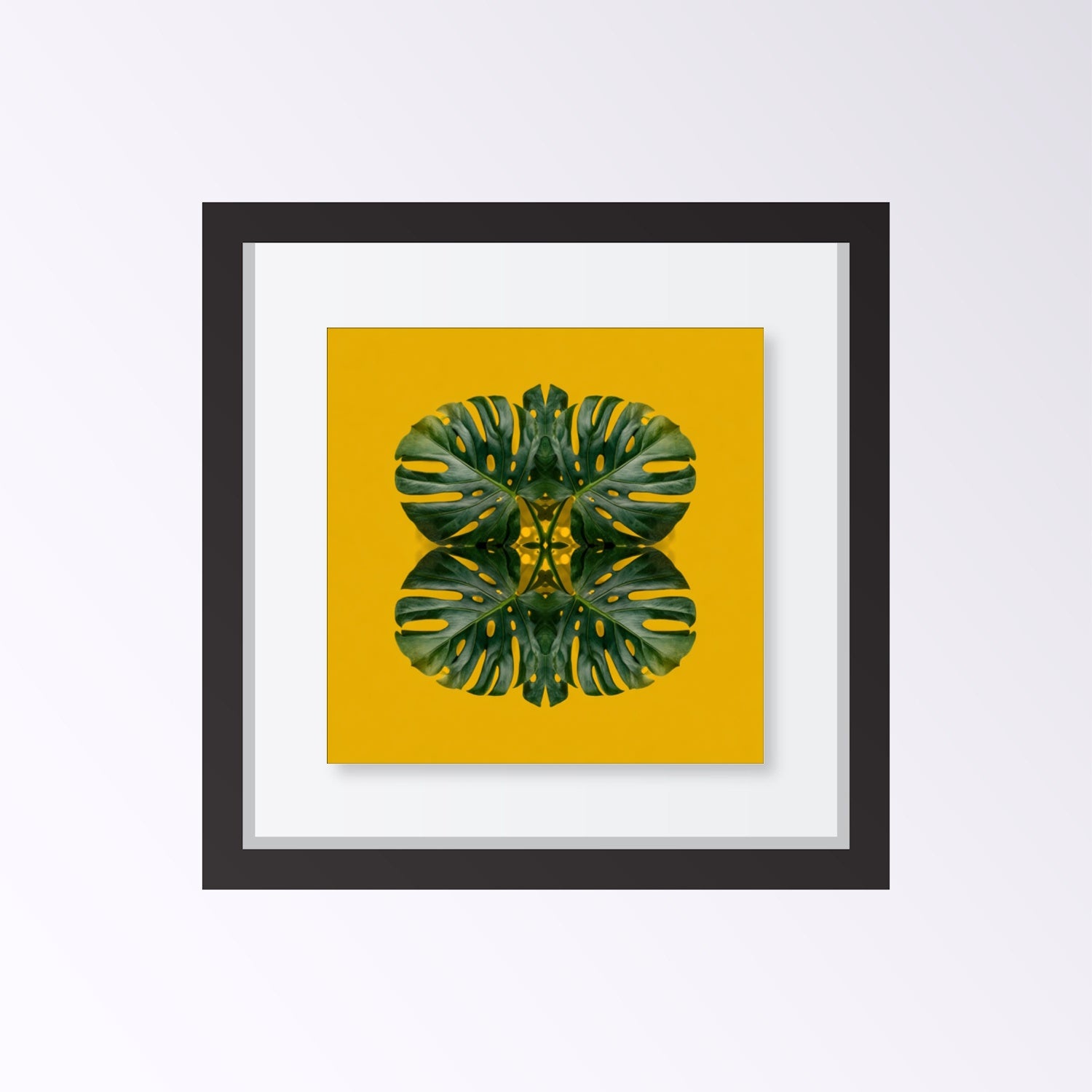 Monstera Jungle art print –yellow backdrop with green mirrored leaves, energizing tropical decor artwork framed black