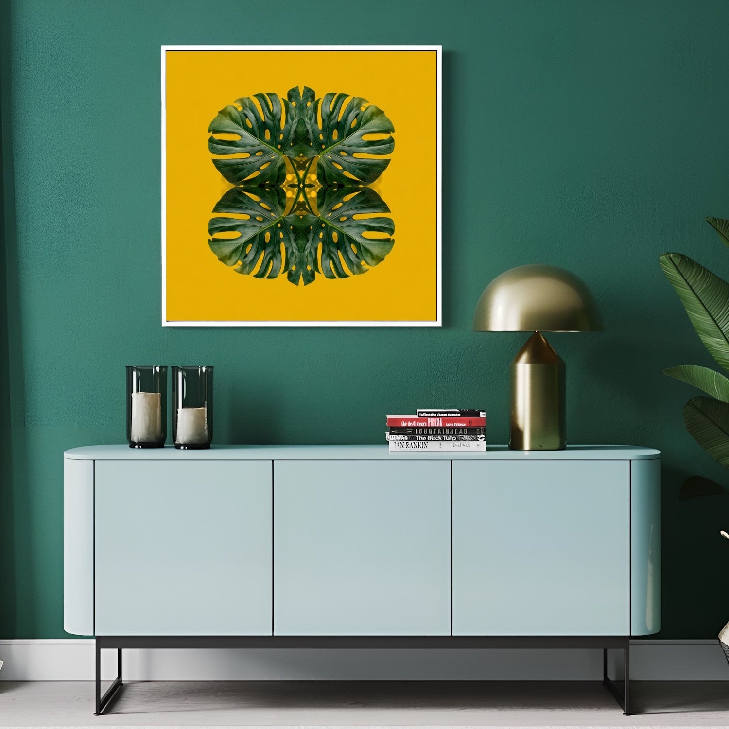 Monstera Jungle art print –yellow backdrop with green mirrored leaves, energizing tropical decor artwork in modern hallway