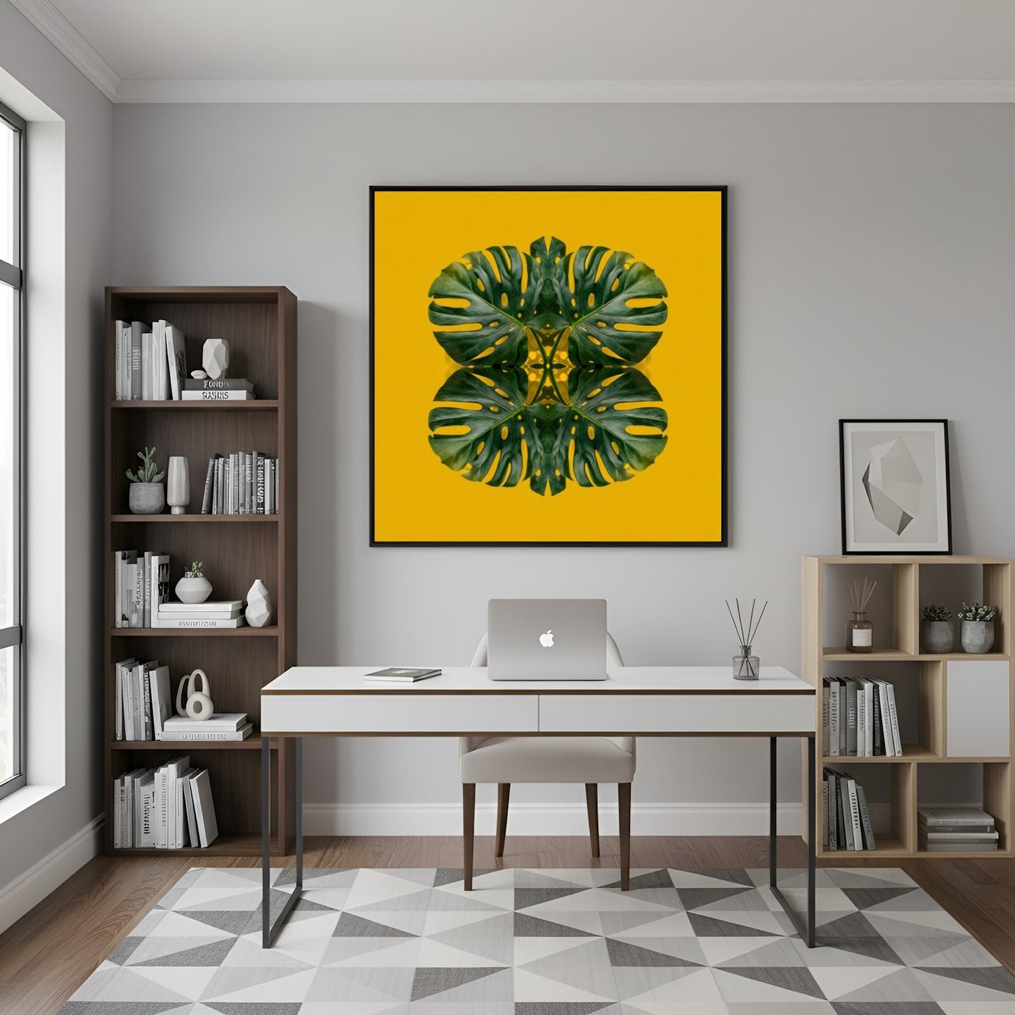Monstera Jungle art print –yellow backdrop with green mirrored leaves, energizing tropical decor artwork in home office