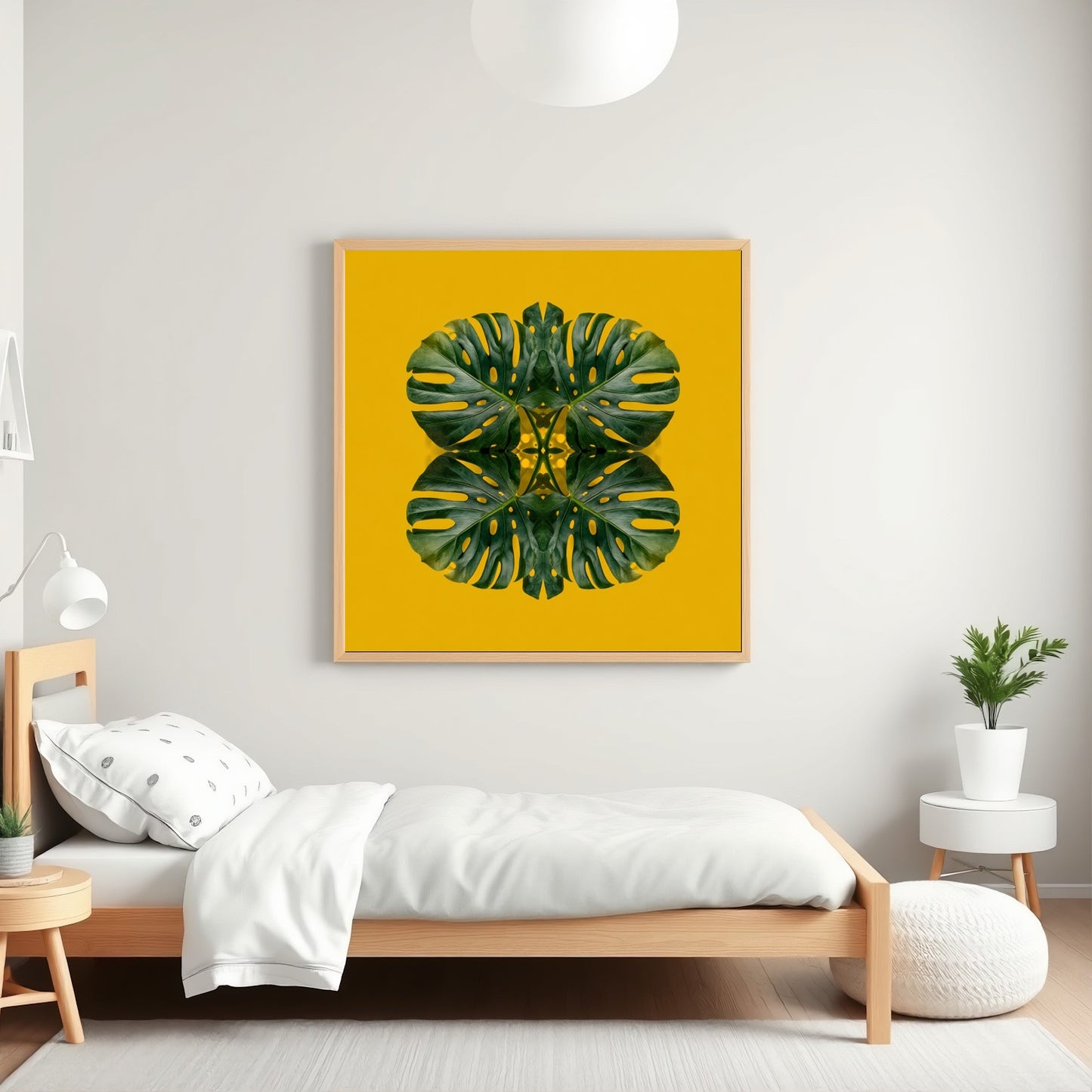 Monstera Jungle art print –yellow backdrop with green mirrored leaves, energizing tropical decor artwork in kids room