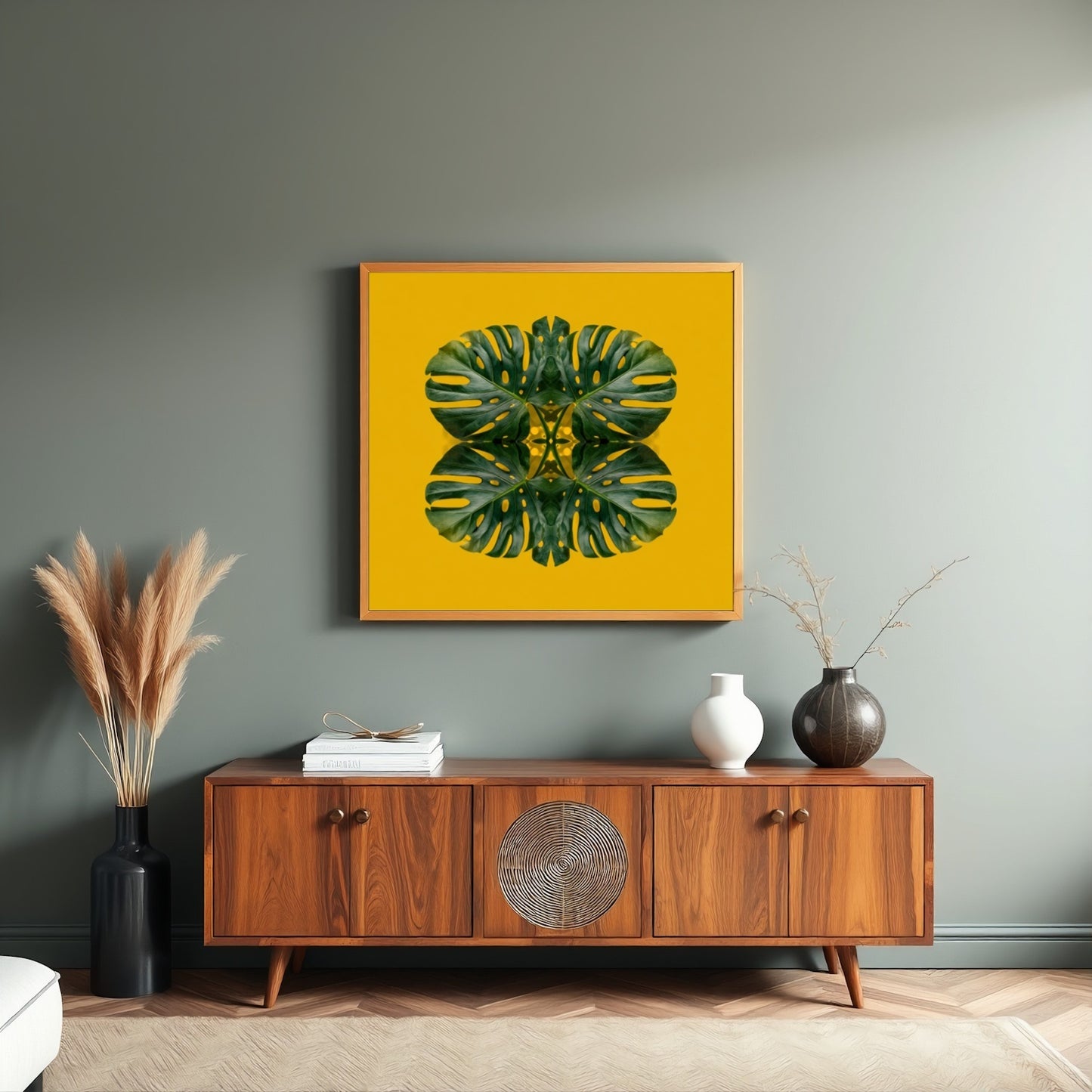 Monstera Jungle art print –yellow backdrop with green mirrored leaves, energizing tropical decor artwork in  in living room