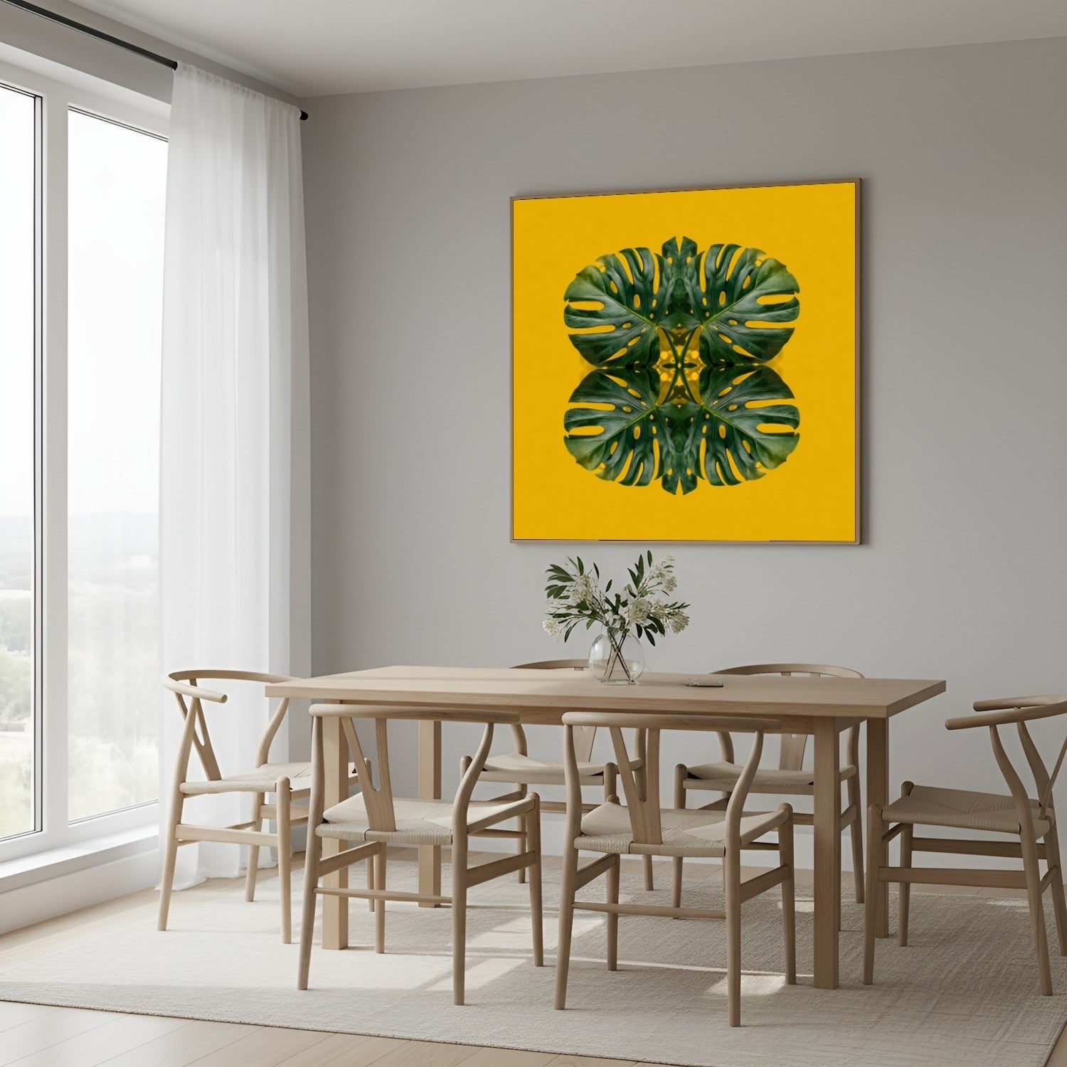 Monstera Jungle art print –yellow backdrop with green mirrored leaves, energizing tropical decor artwork in Scandinavian dining