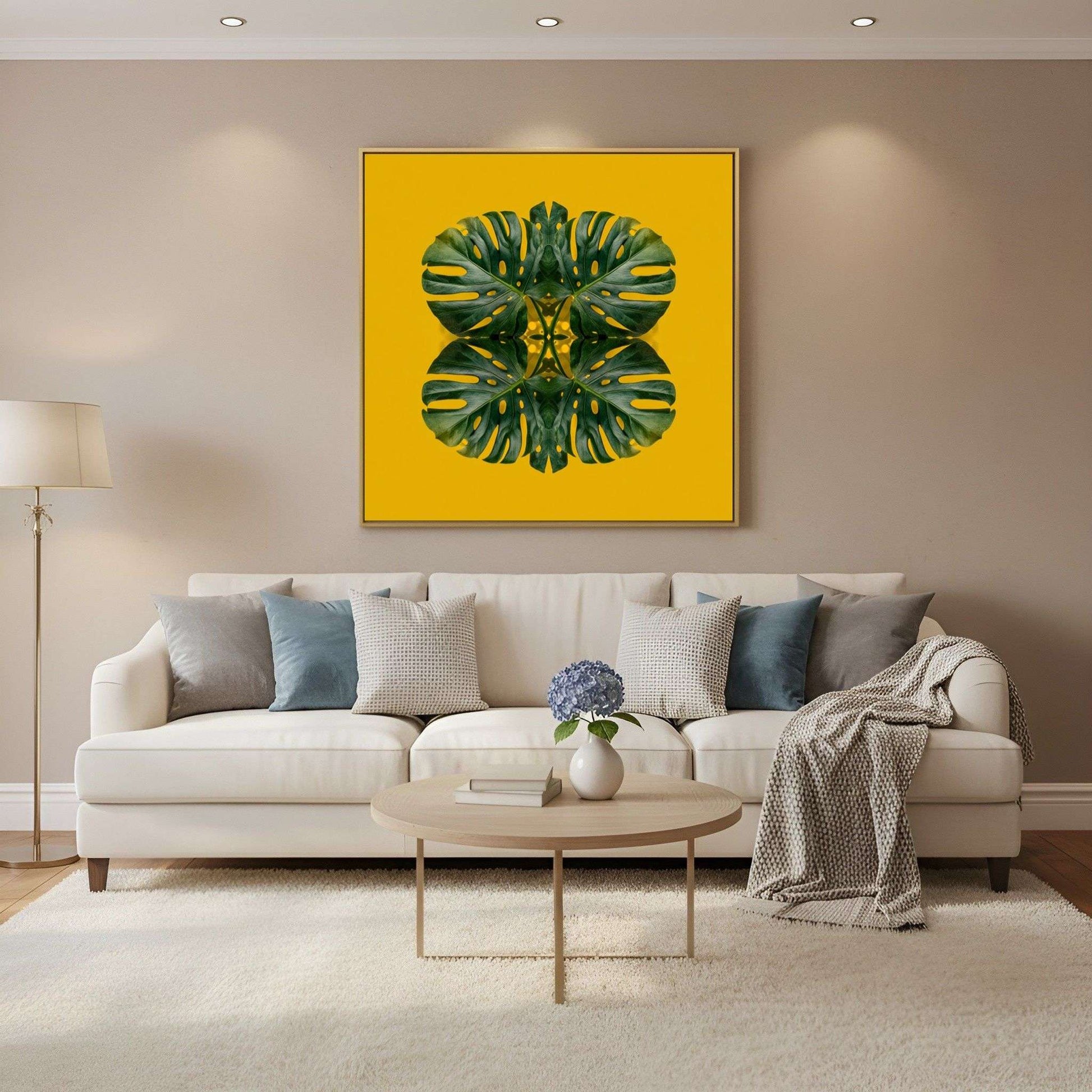 Monstera Jungle art print –yellow backdrop with green mirrored leaves, energizing tropical decor artwork in Scandinavian living