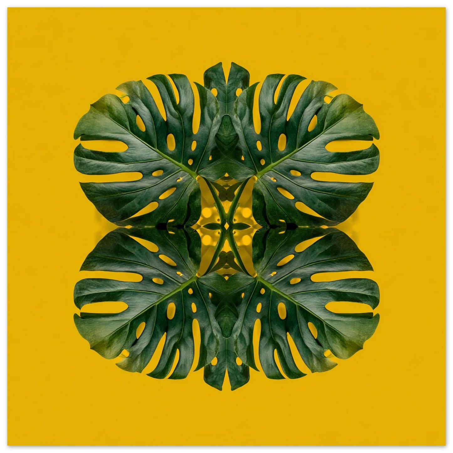 Monstera Jungle art print –yellow backdrop with green mirrored leaves, energizing tropical decor artwork close up