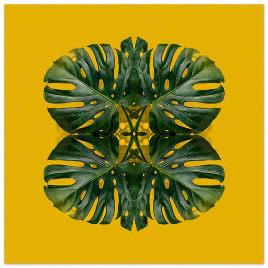 Monstera Jungle art print –yellow backdrop with green mirrored leaves, energizing tropical decor artwork close up