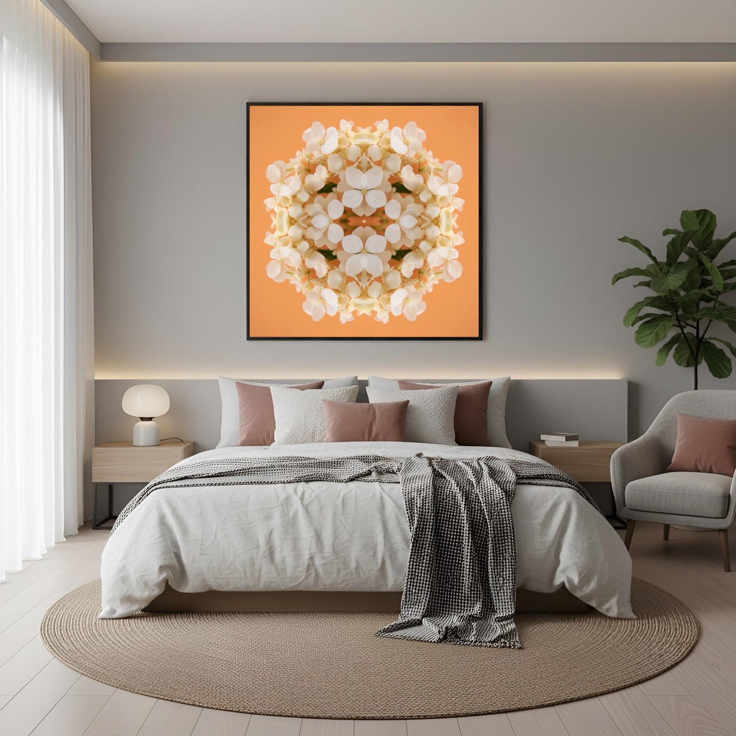 Soft Peach & Cream Blossom art print – delicate pastel petals in symmetry, romantic kaleidoscopic floral wall art in boho bedroom