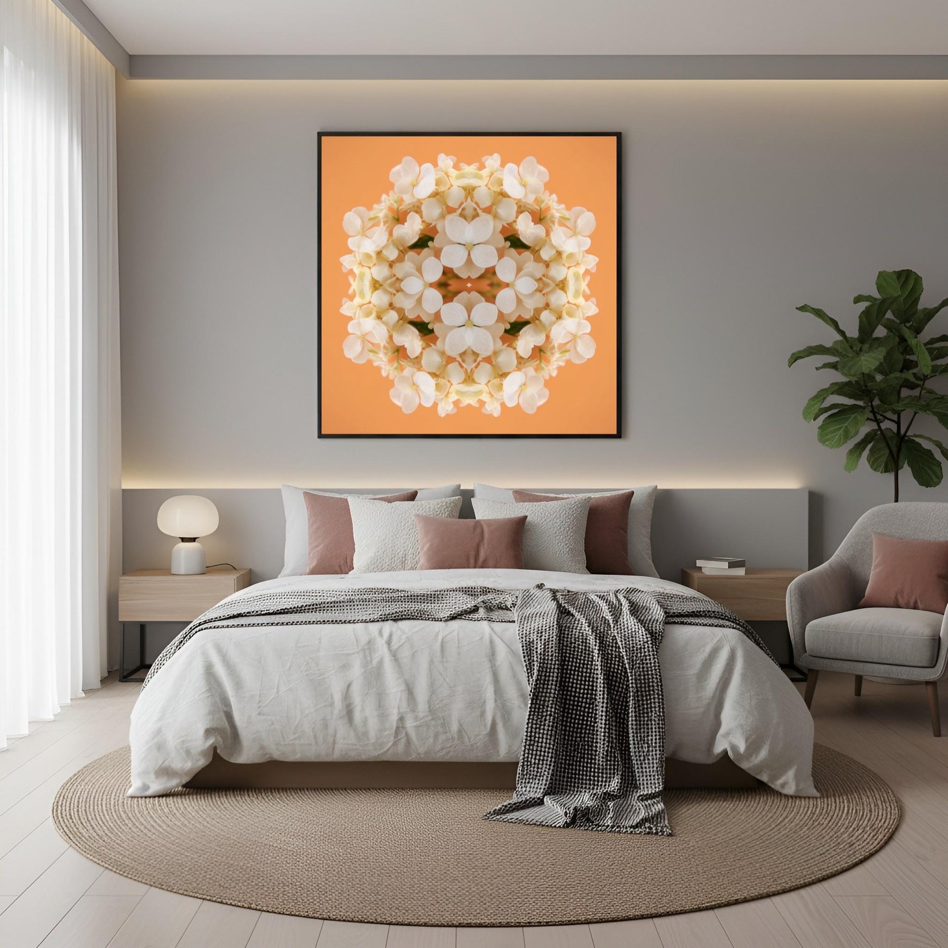 Soft Peach & Cream Blossom art print – delicate pastel petals in symmetry, romantic kaleidoscopic floral wall art in boho bedroom