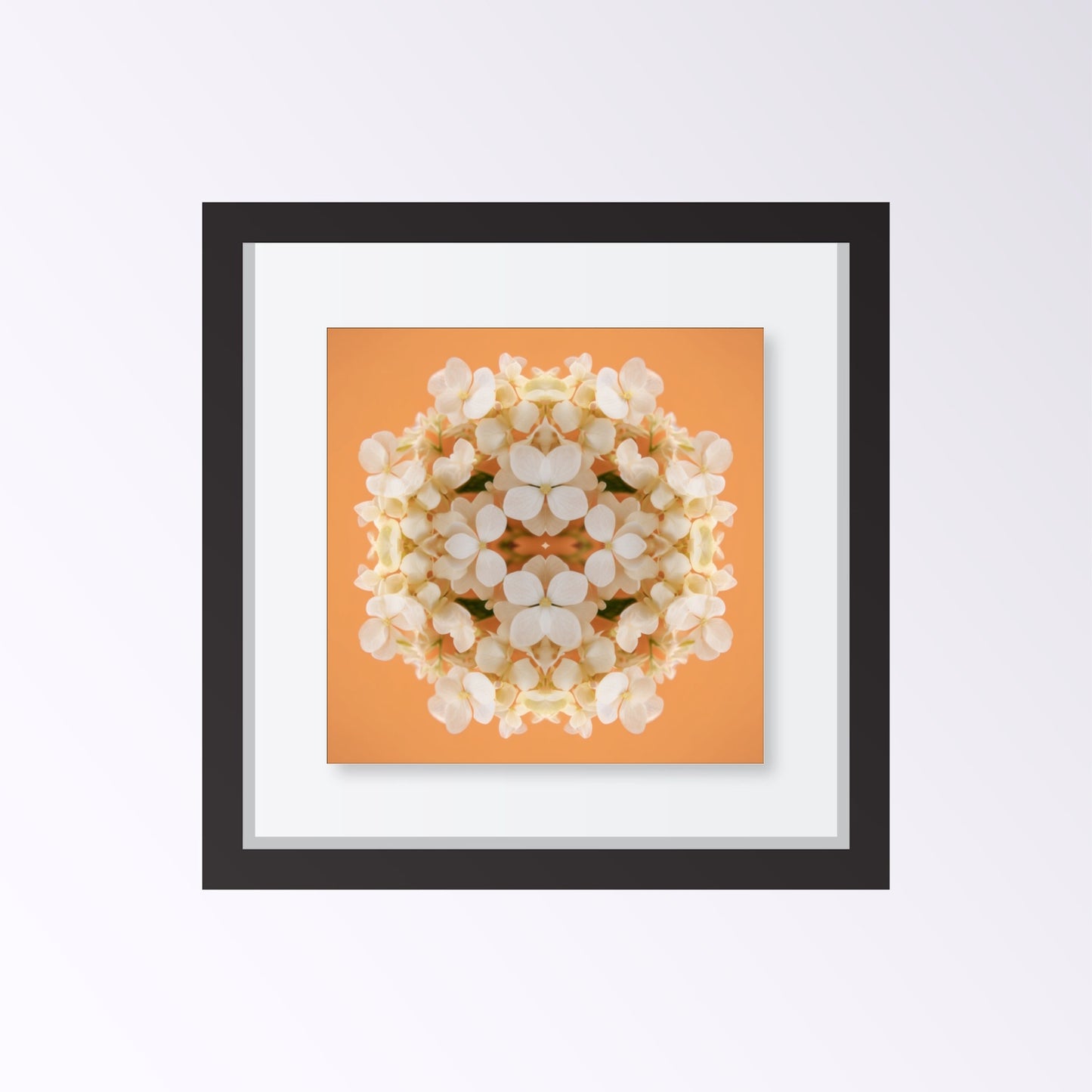 Soft Peach & Cream Blossom art print – delicate pastel petals in symmetry, romantic kaleidoscopic floral wall art framed black