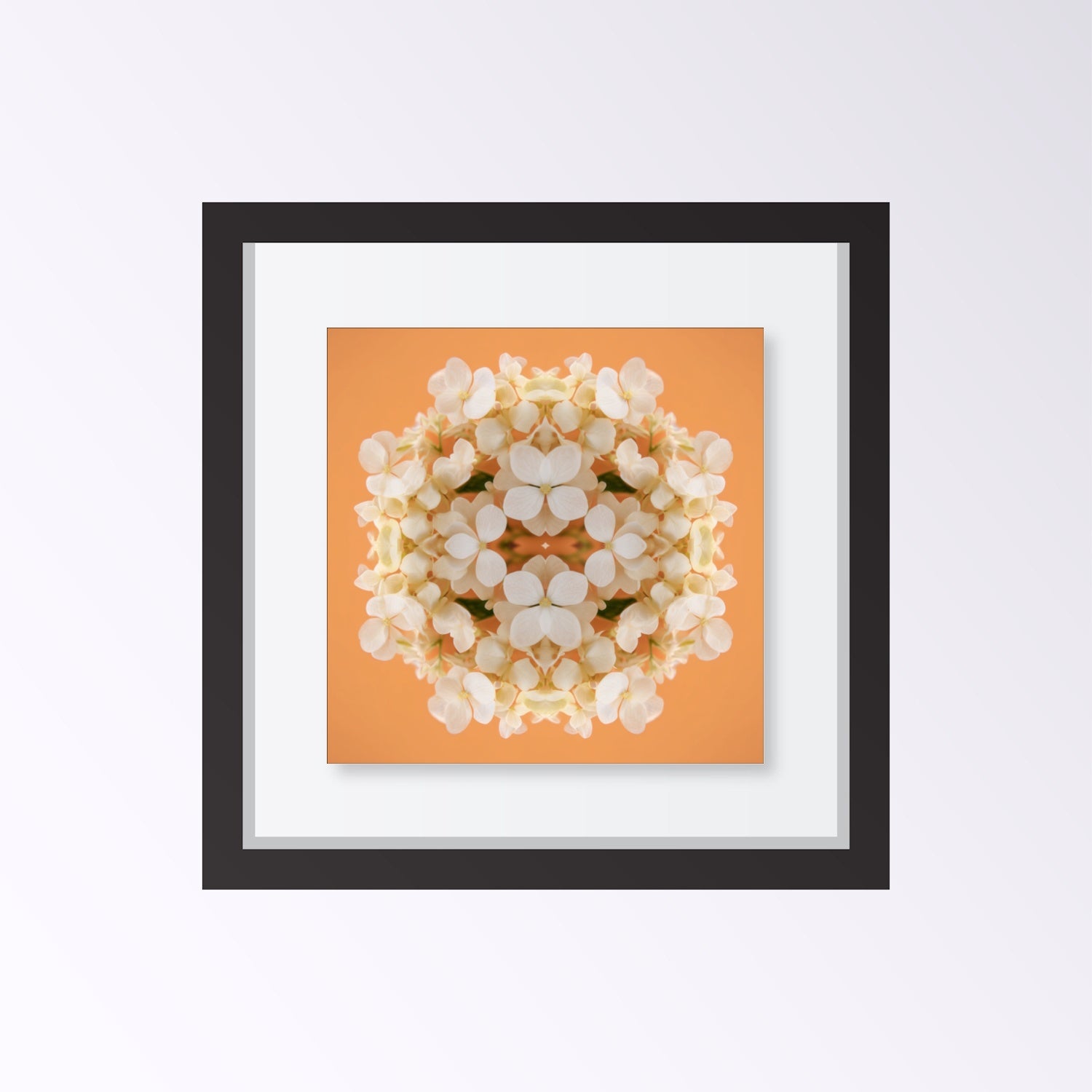 Soft Peach & Cream Blossom art print – delicate pastel petals in symmetry, romantic kaleidoscopic floral wall art framed black