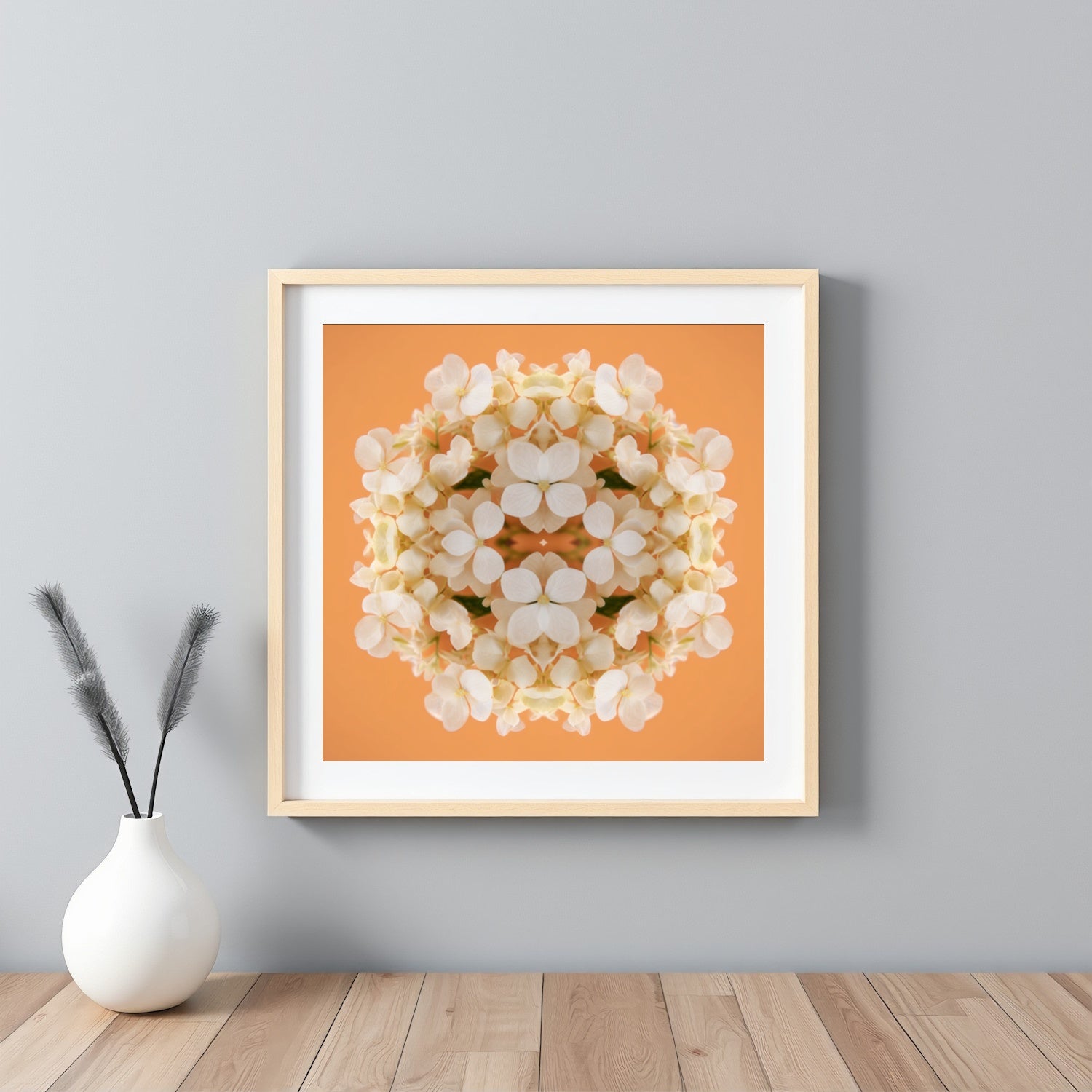 Soft Peach & Cream Blossom art print – delicate pastel petals in symmetry, romantic kaleidoscopic floral wall art framed white