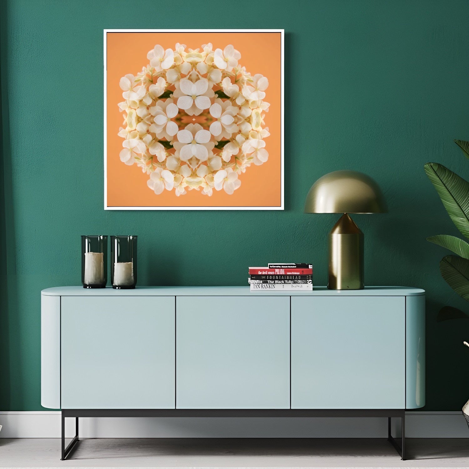 Soft Peach & Cream Blossom art print – delicate pastel petals in symmetry, romantic kaleidoscopic floral wall art in modern hallway