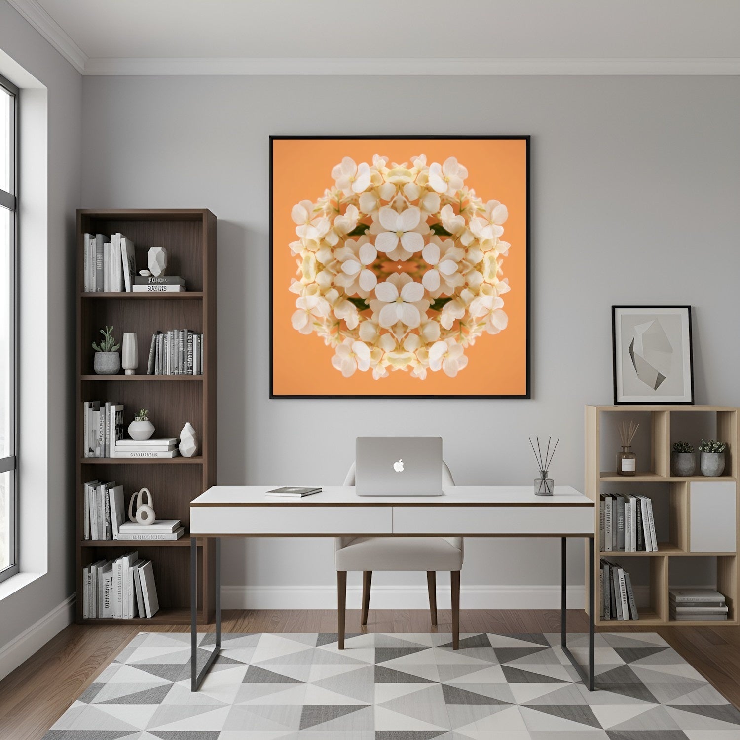 Soft Peach & Cream Blossom art print – delicate pastel petals in symmetry, romantic kaleidoscopic floral wall art in home office