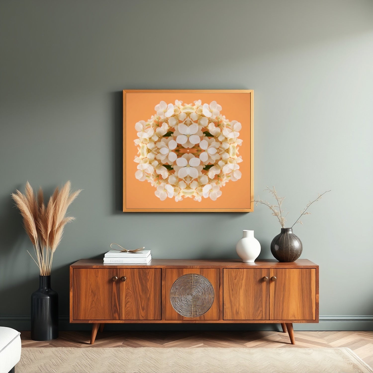 Soft Peach & Cream Blossom art print – delicate pastel petals in symmetry, romantic kaleidoscopic floral wall art in living room