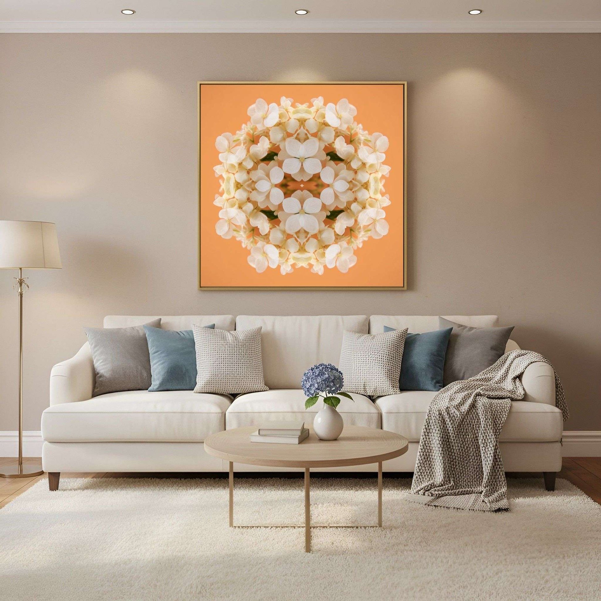 Soft Peach & Cream Blossom art print – delicate pastel petals in symmetry, romantic kaleidoscopic floral wall art in Scandinavian living room