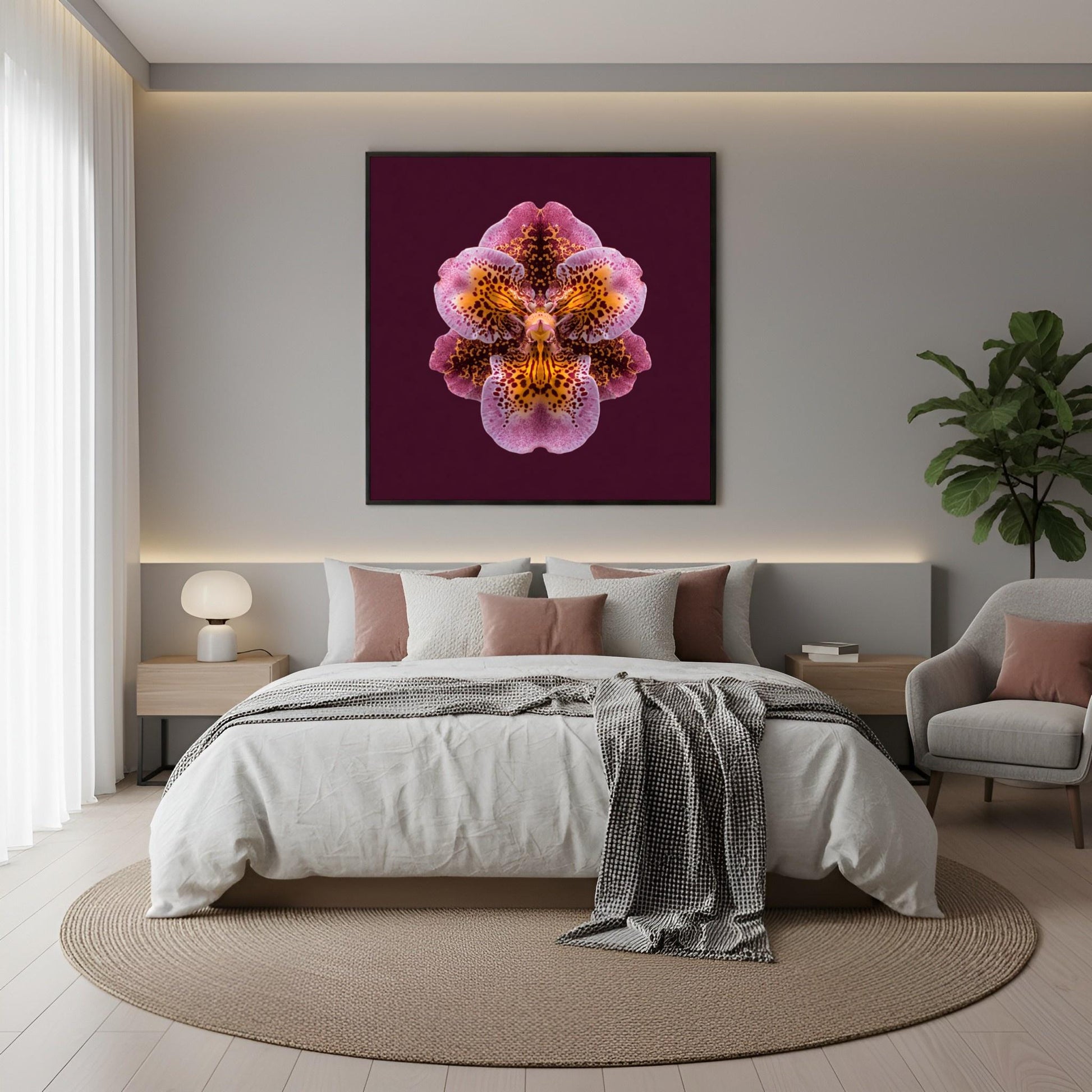 Orchid Rhapsody artwork – rich purple orchids in kaleidoscopic symmetry, luxurious floral art in boho bedroom