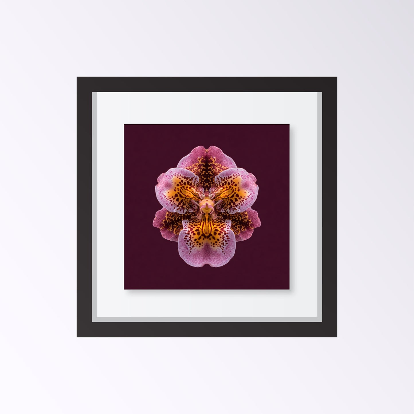 Orchid Rhapsody artwork – rich purple orchids in kaleidoscopic symmetry, luxurious floral art framed black