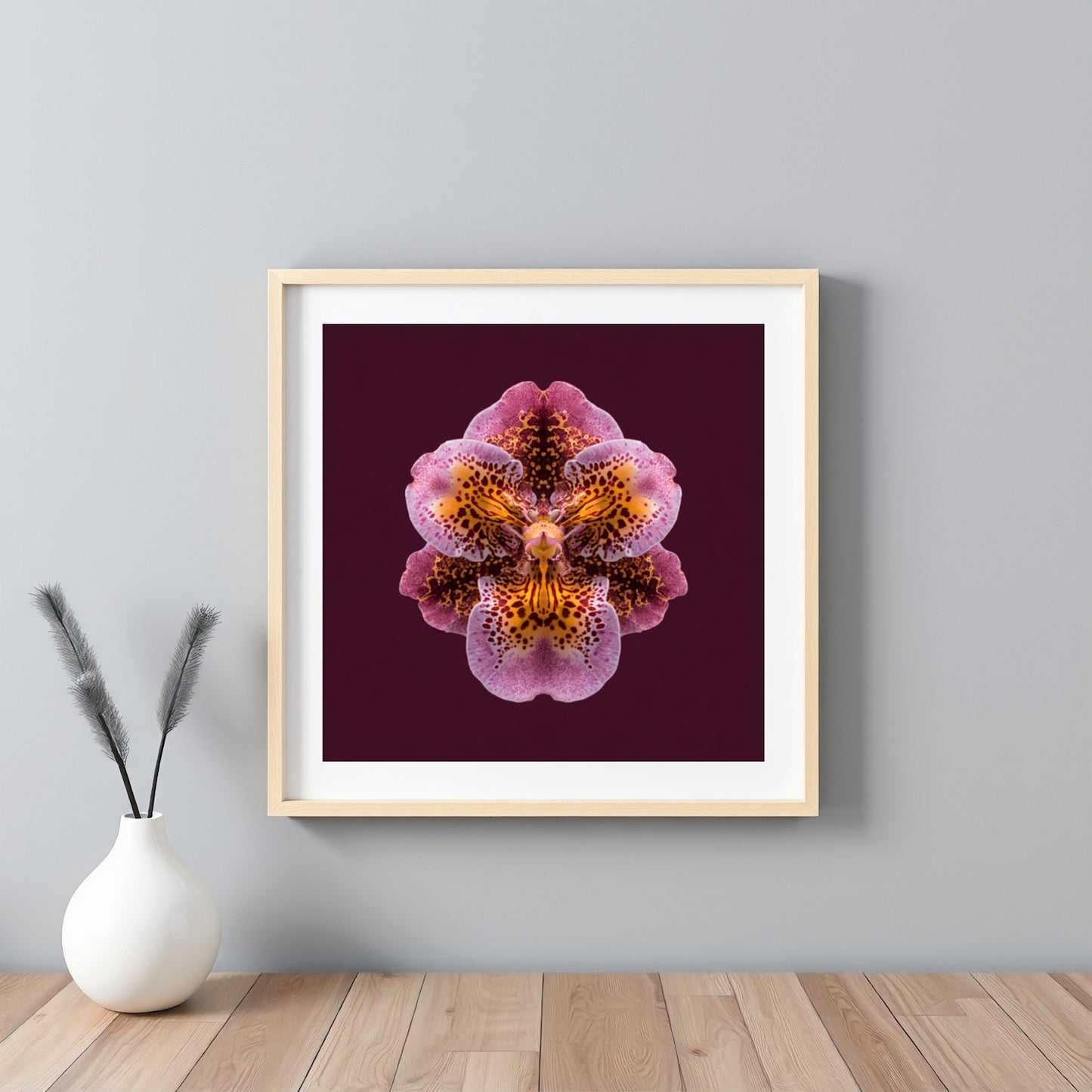 Orchid Rhapsody artwork – rich purple orchids in kaleidoscopic symmetry, luxurious floral art framed white