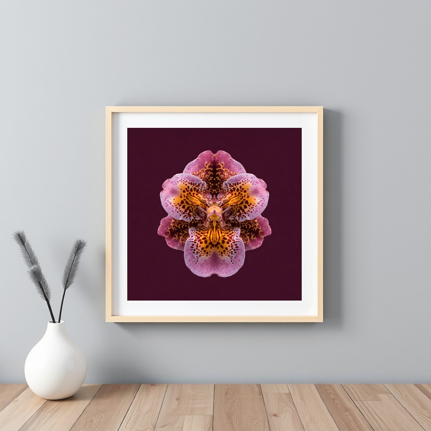 Orchid Rhapsody artwork – rich purple orchids in kaleidoscopic symmetry, luxurious floral art framed white