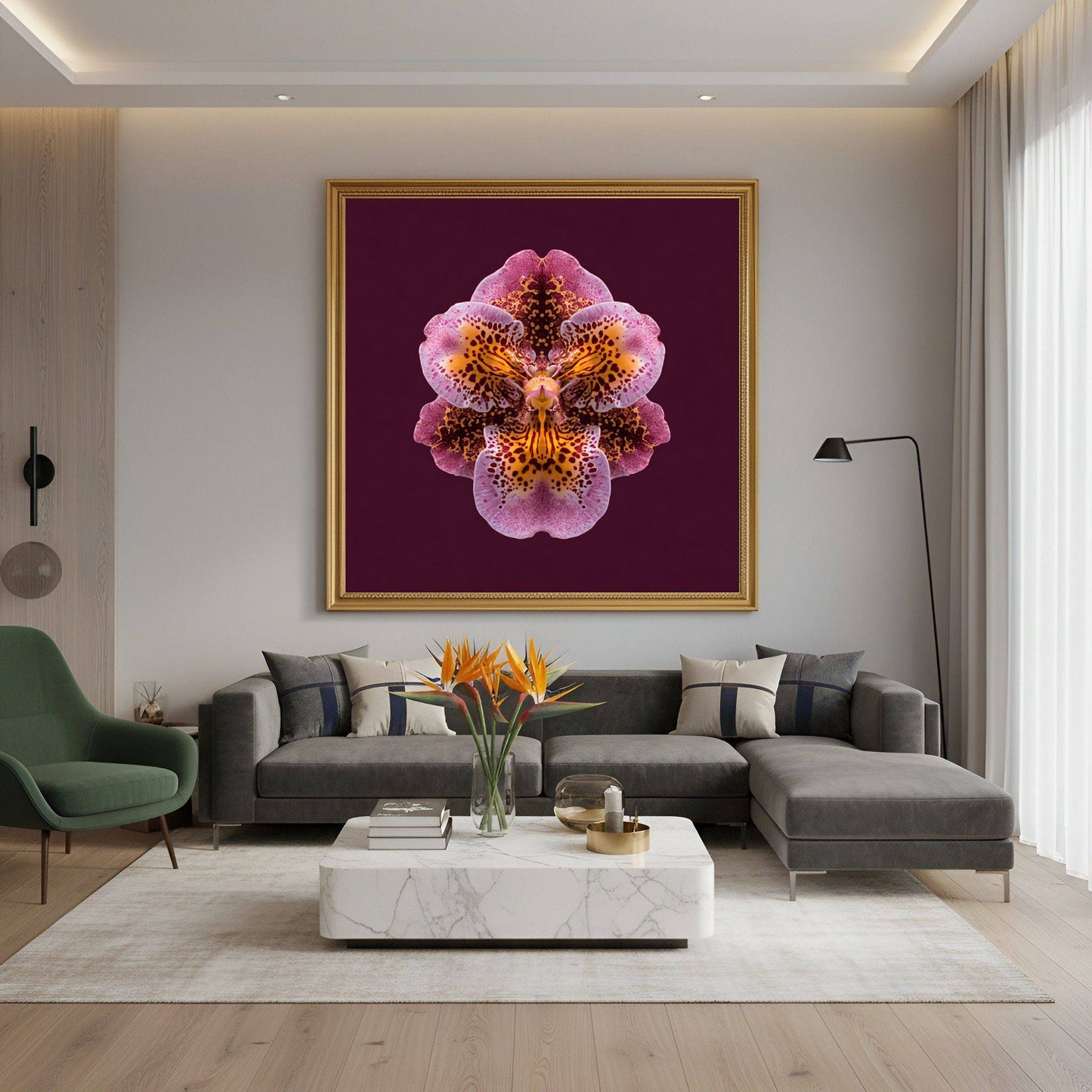 Orchid Rhapsody artwork – rich purple orchids in kaleidoscopic symmetry, luxurious floral art in modern living
