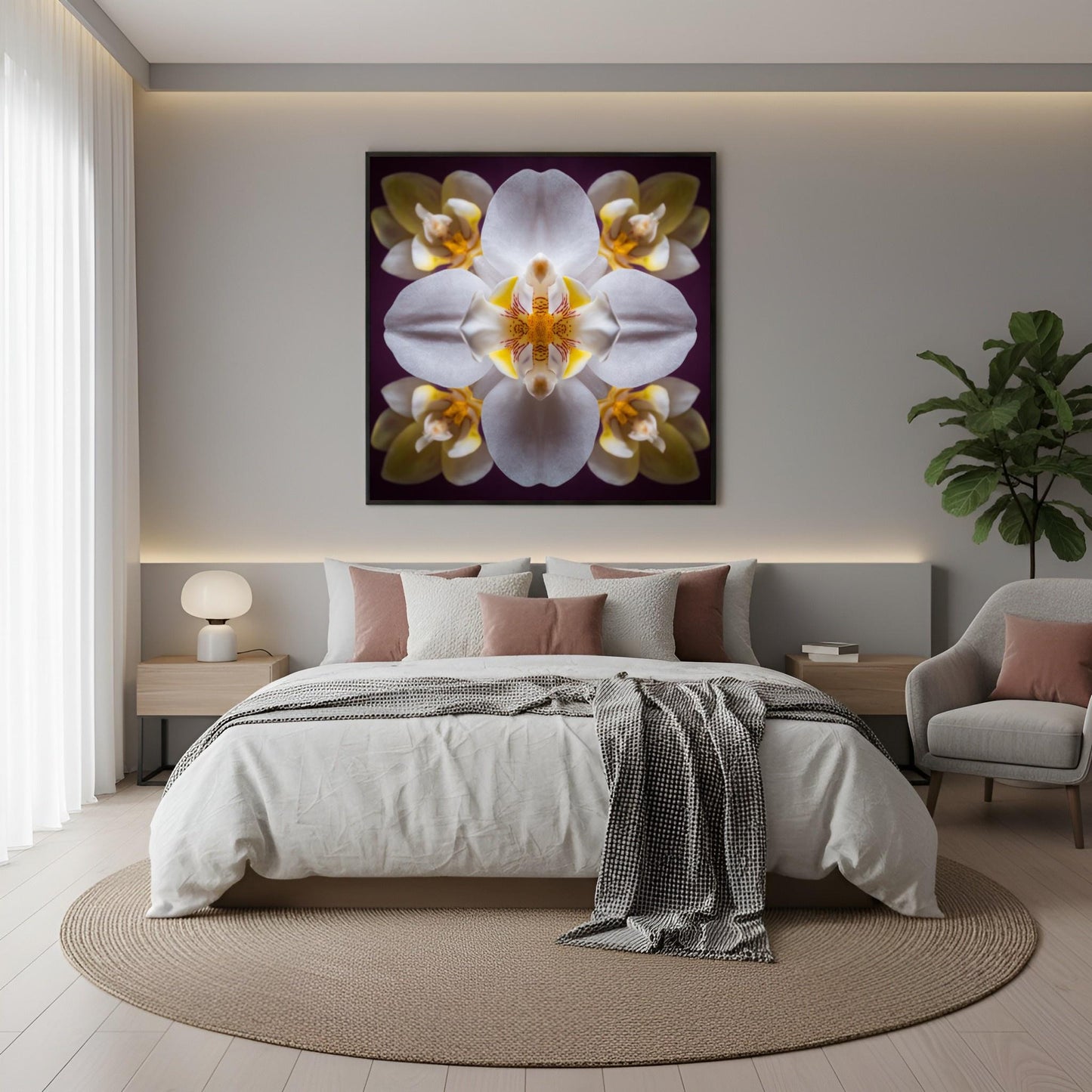 Orchid Bloom art print with graceful blossoms in mirrored harmony, a botanical wall decor in boho bedroom