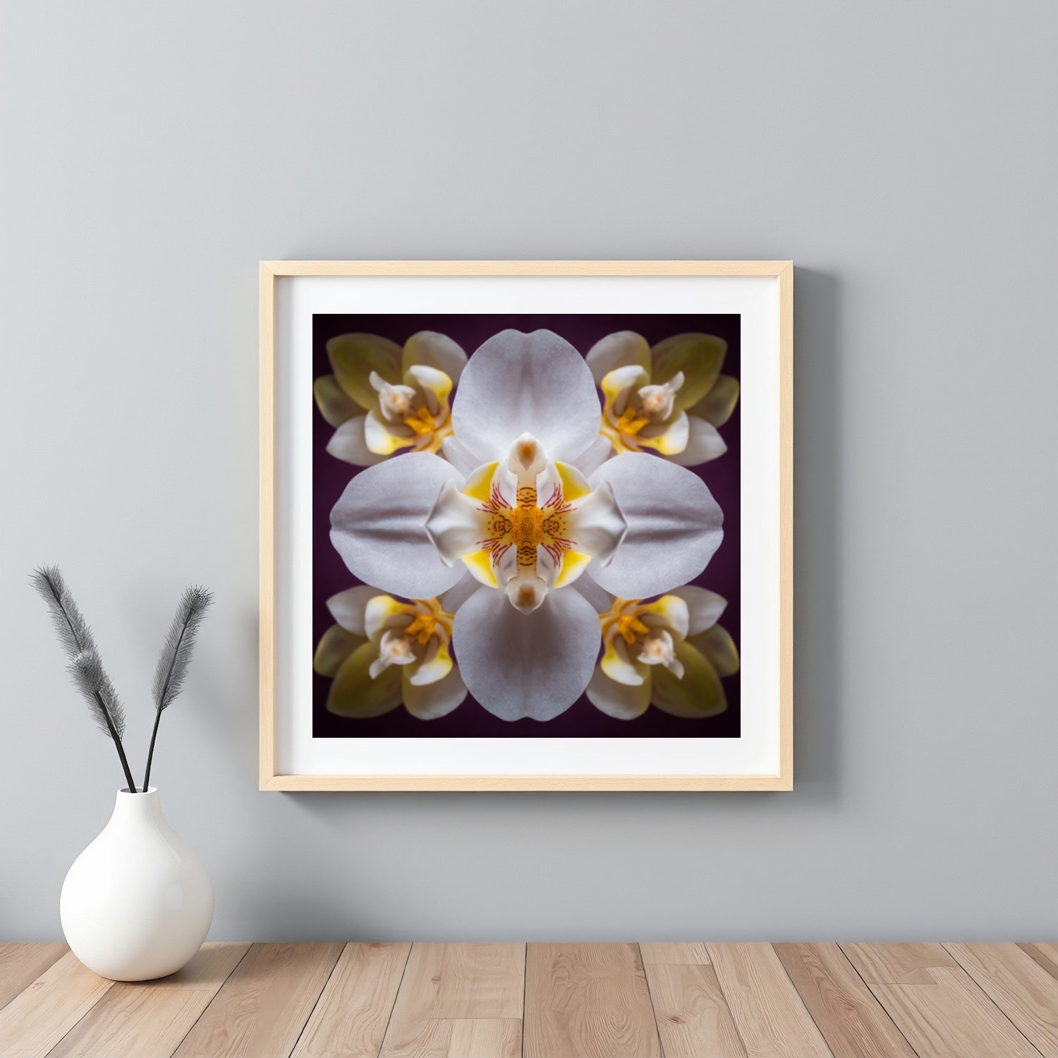 Orchid Bloom art print with graceful blossoms in mirrored harmony, a botanical wall decor framed white