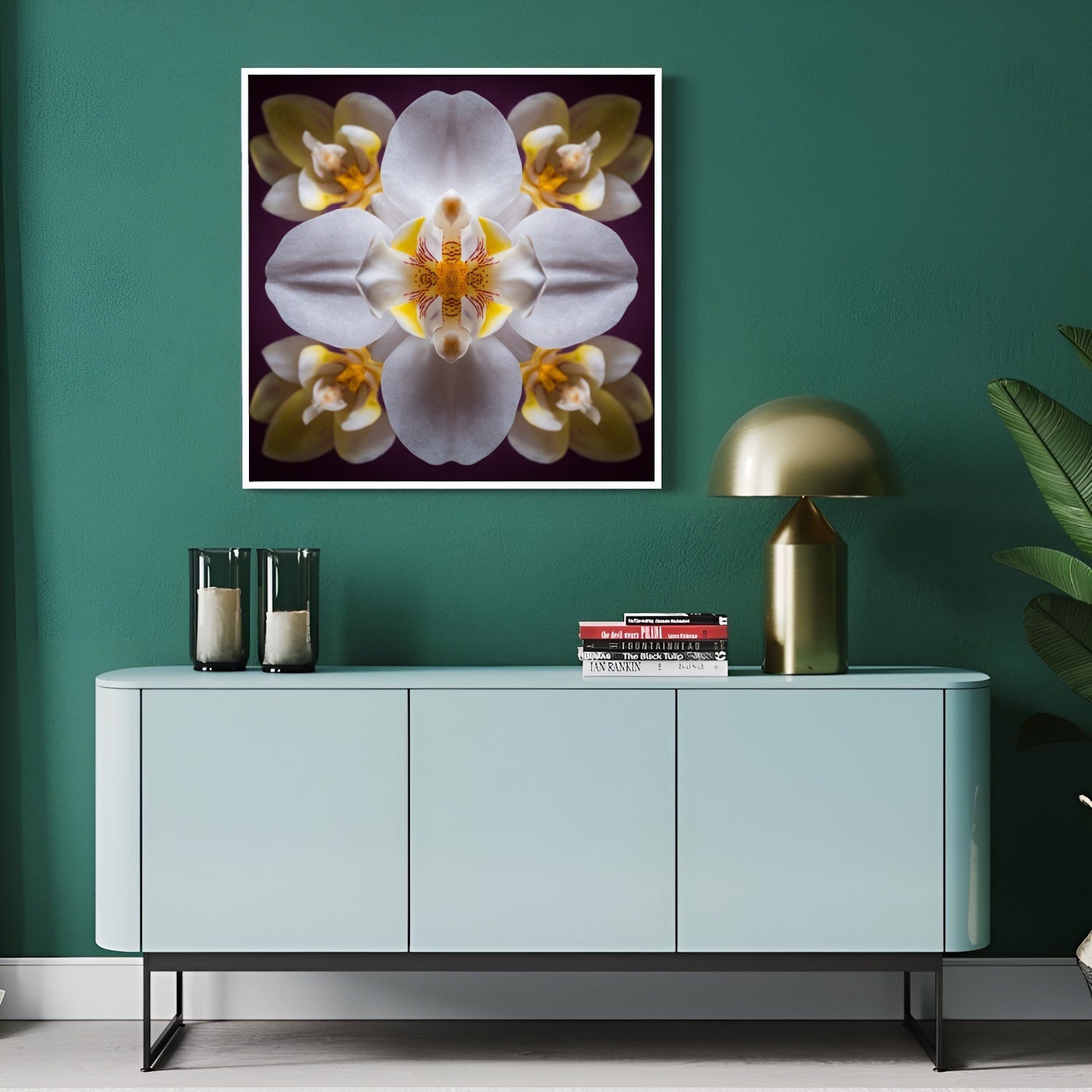 Orchid Bloom art print with graceful blossoms in mirrored harmony, a botanical wall decor in modern hallway