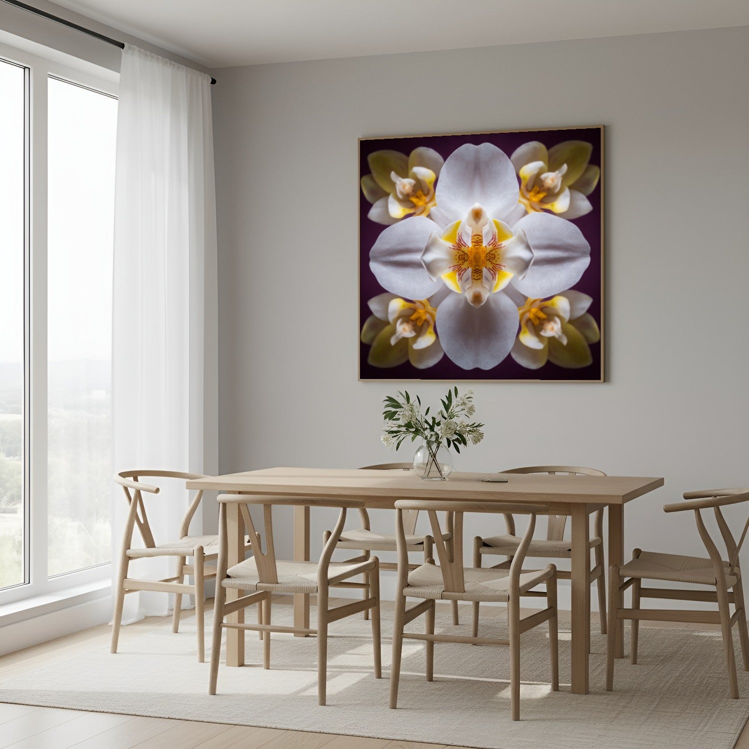 Orchid Bloom art print with graceful blossoms in mirrored harmony, a botanical wall decor in Scandinavian dining