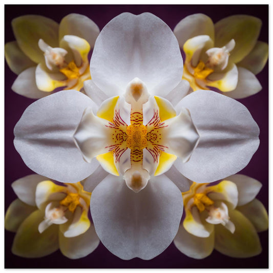 Orchid Bloom art print with graceful blossoms in mirrored harmony, a botanical wall decor close up
