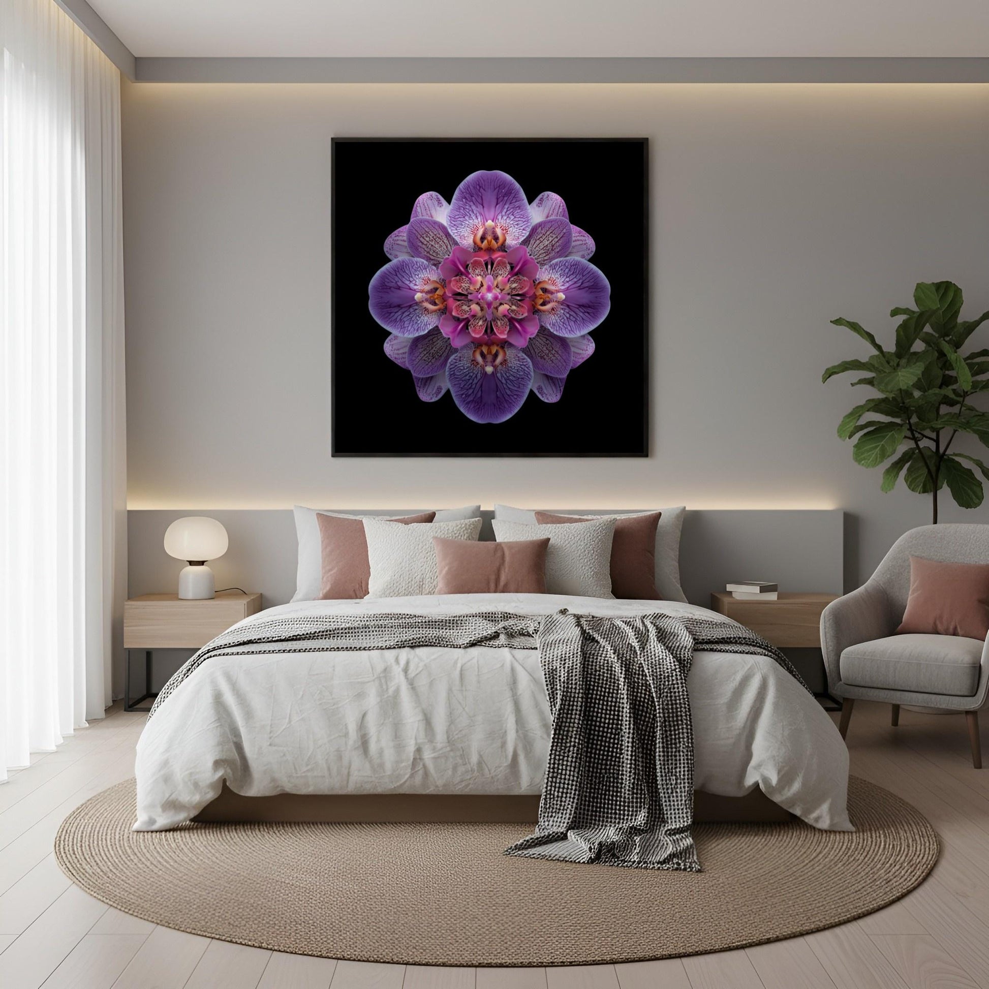 Vibrant Purple Orchid print – bold mirrored orchid petals in purple hues, striking decor in boho bedroom