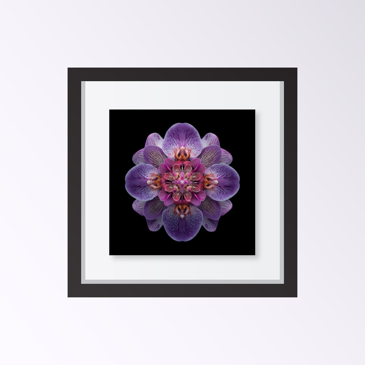 Vibrant Purple Orchid print – bold mirrored orchid petals in purple hues, striking decor framed black