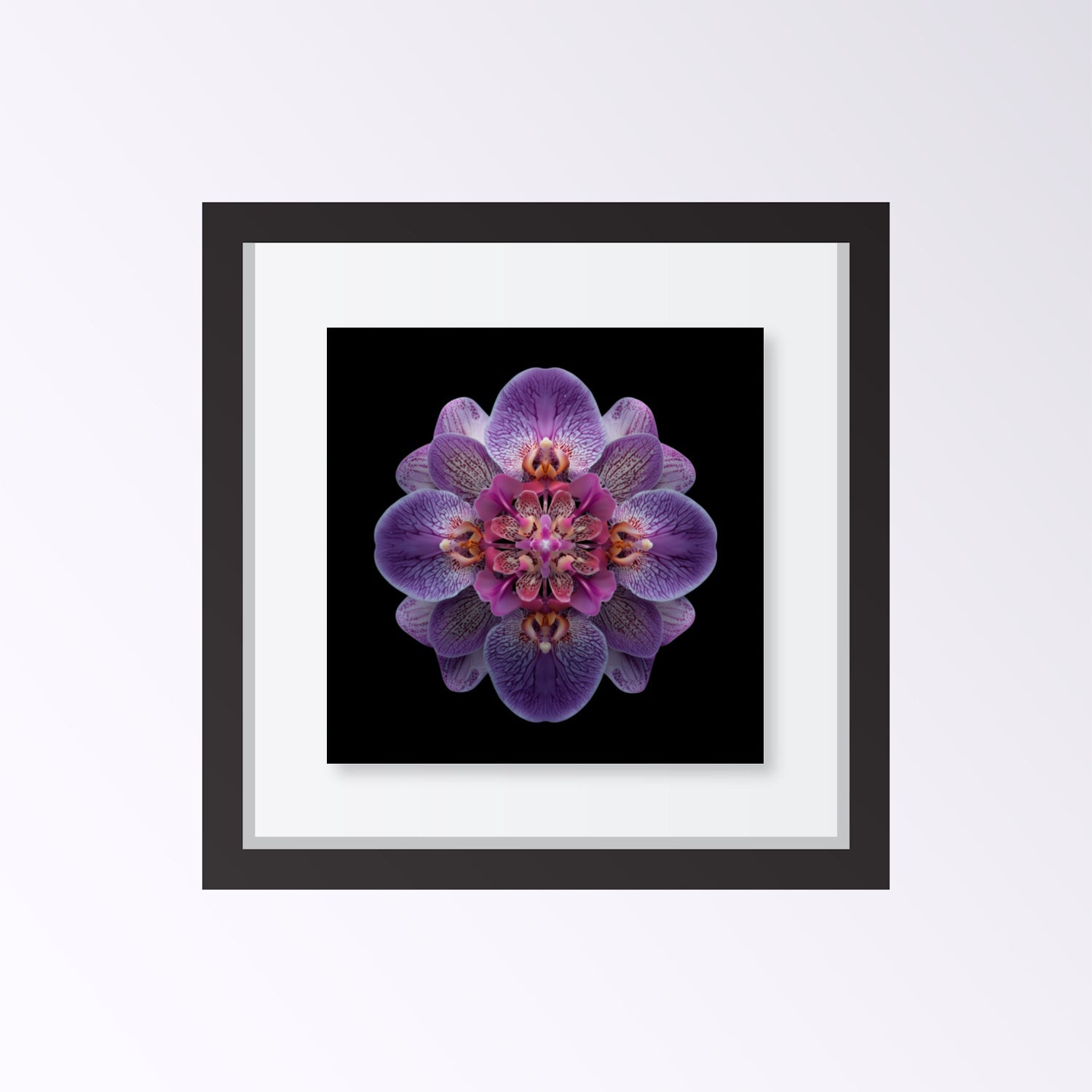 Vibrant Purple Orchid print – bold mirrored orchid petals in purple hues, striking decor framed black