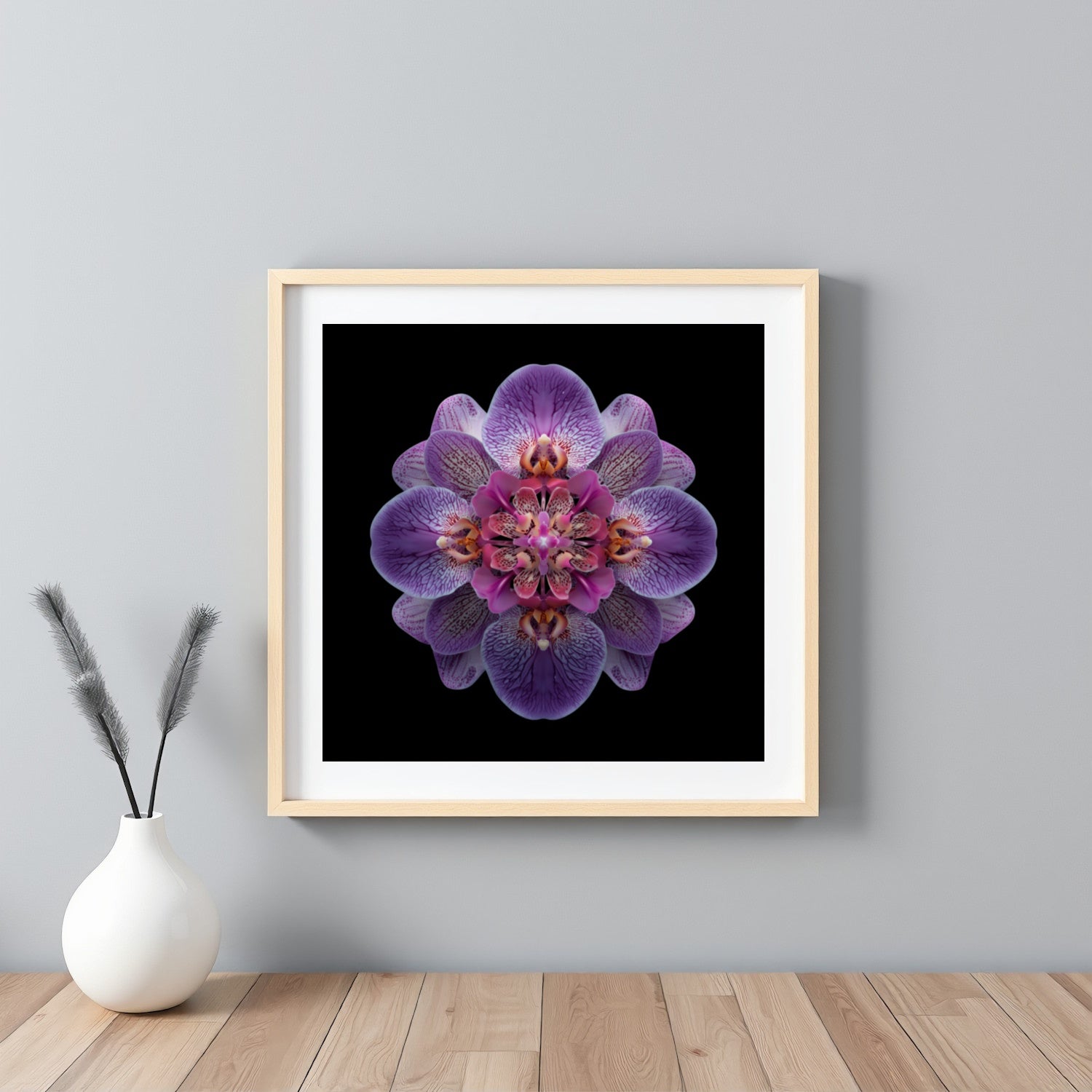 Vibrant Purple Orchid print – bold mirrored orchid petals in purple hues, striking decor framed white