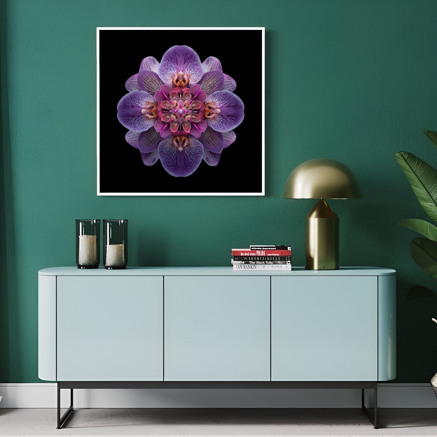 Vibrant Purple Orchid print – bold mirrored orchid petals in purple hues, striking decor in modern hallway