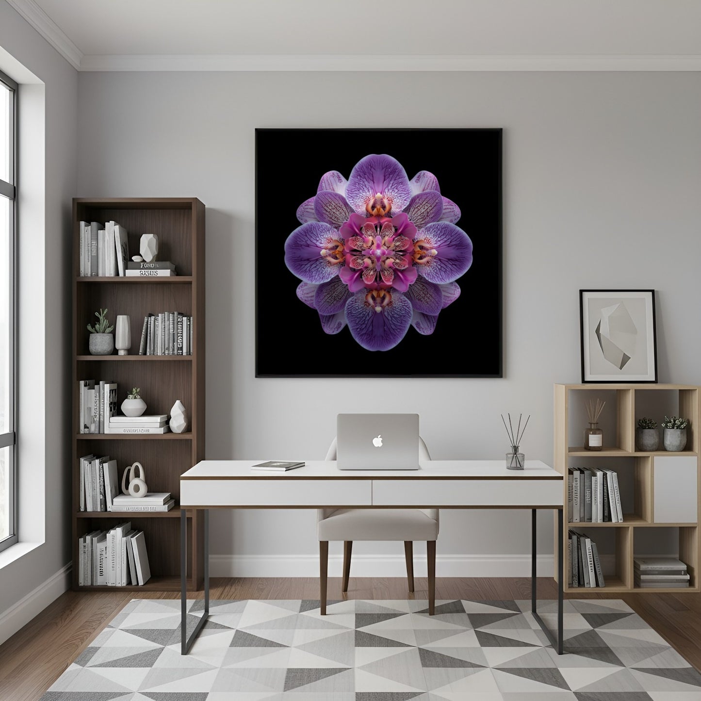 Vibrant Purple Orchid print – bold mirrored orchid petals in purple hues, striking decor in home office