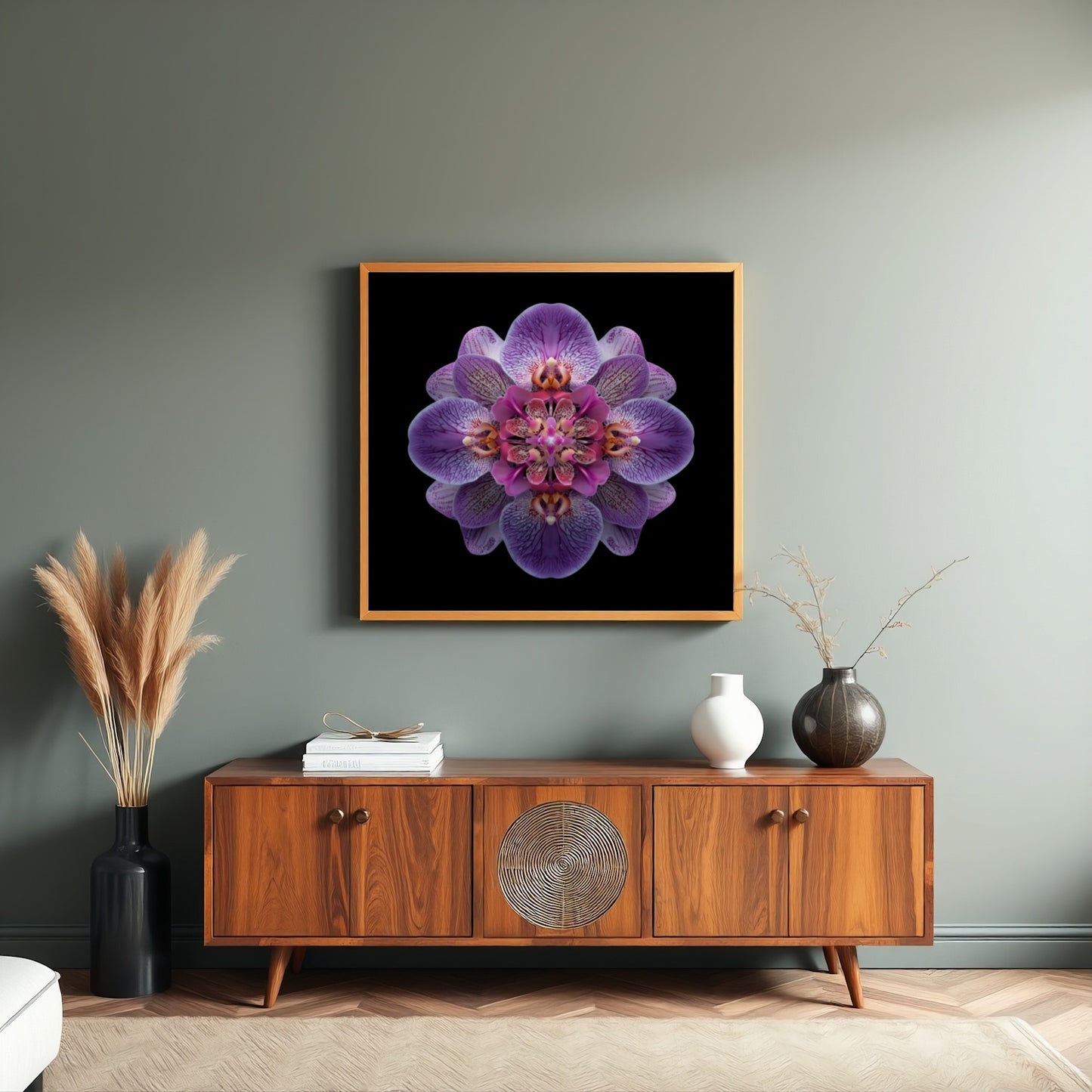 Vibrant Purple Orchid print – bold mirrored orchid petals in purple hues, striking decor in living room